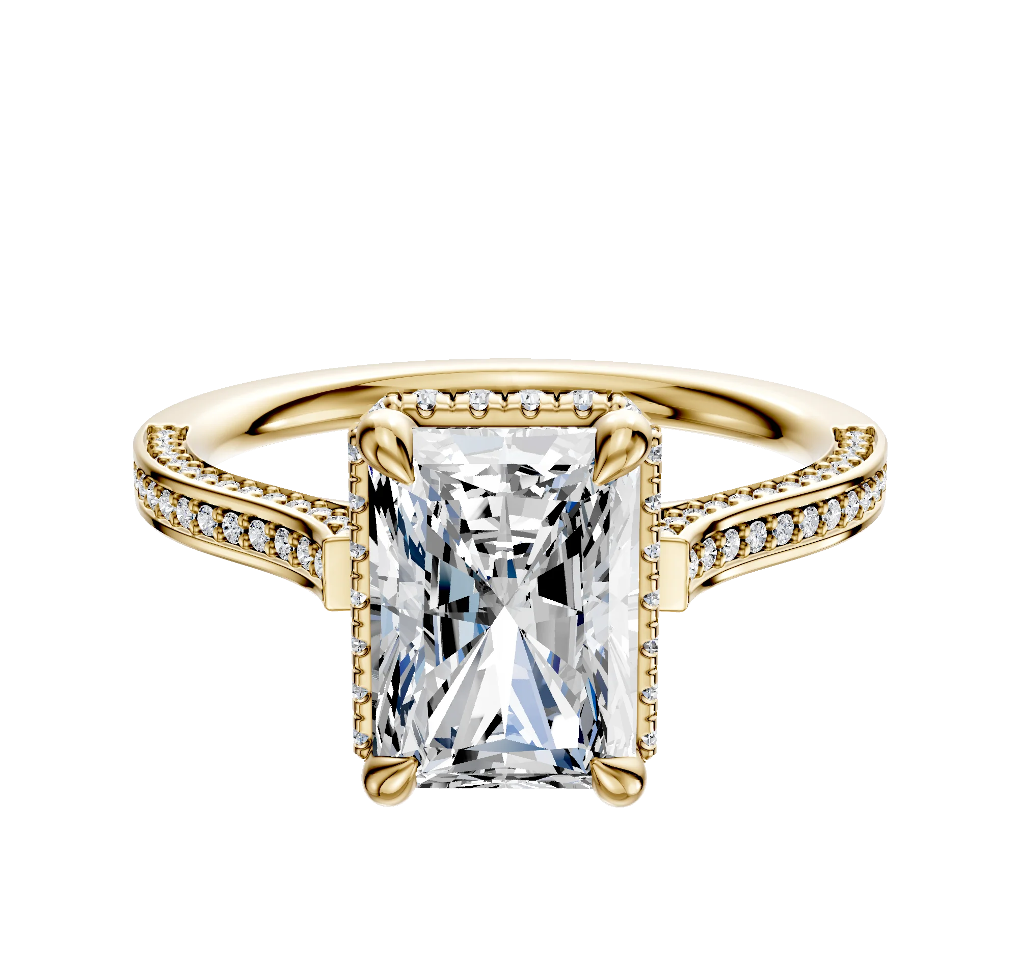 18K Yellow Gold 4 Prong Collar Cathedral Flat 3-Row-Pave 2.0mm Engagement Ring