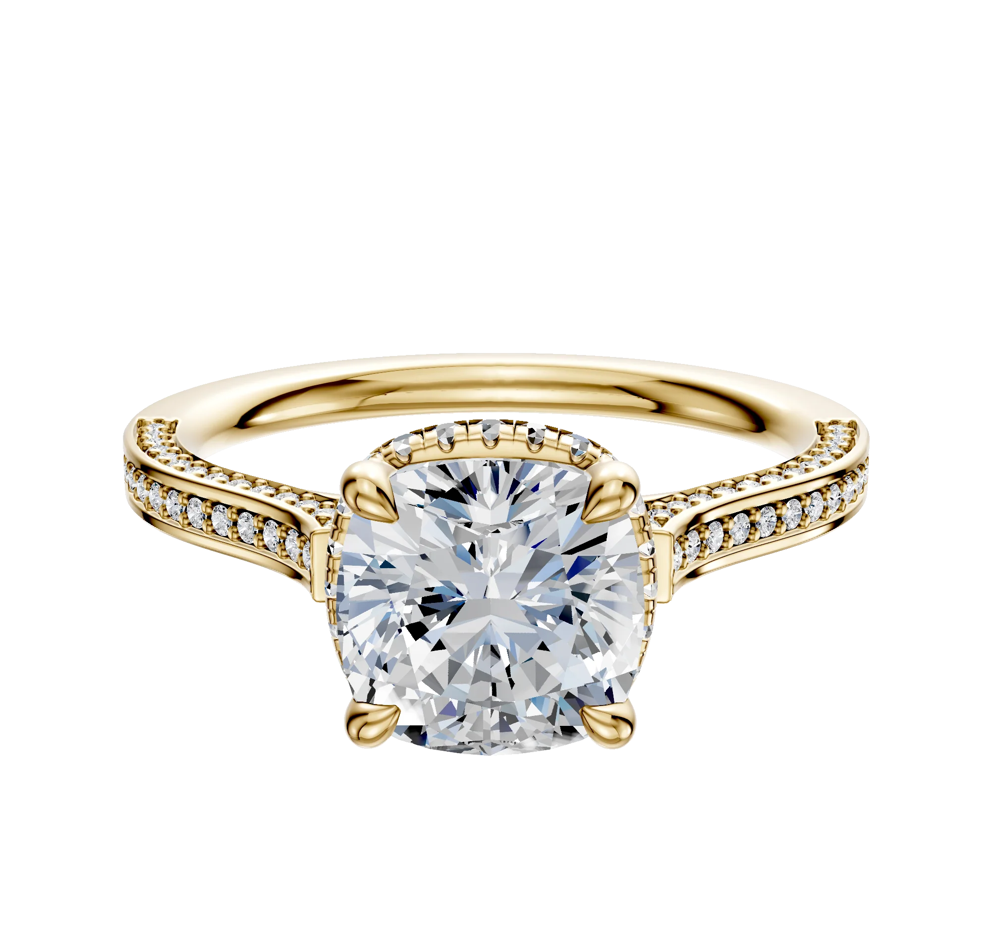 18K Yellow Gold 4 Prong Collar Cathedral Flat 3-Row-Pave 2.0mm Engagement Ring