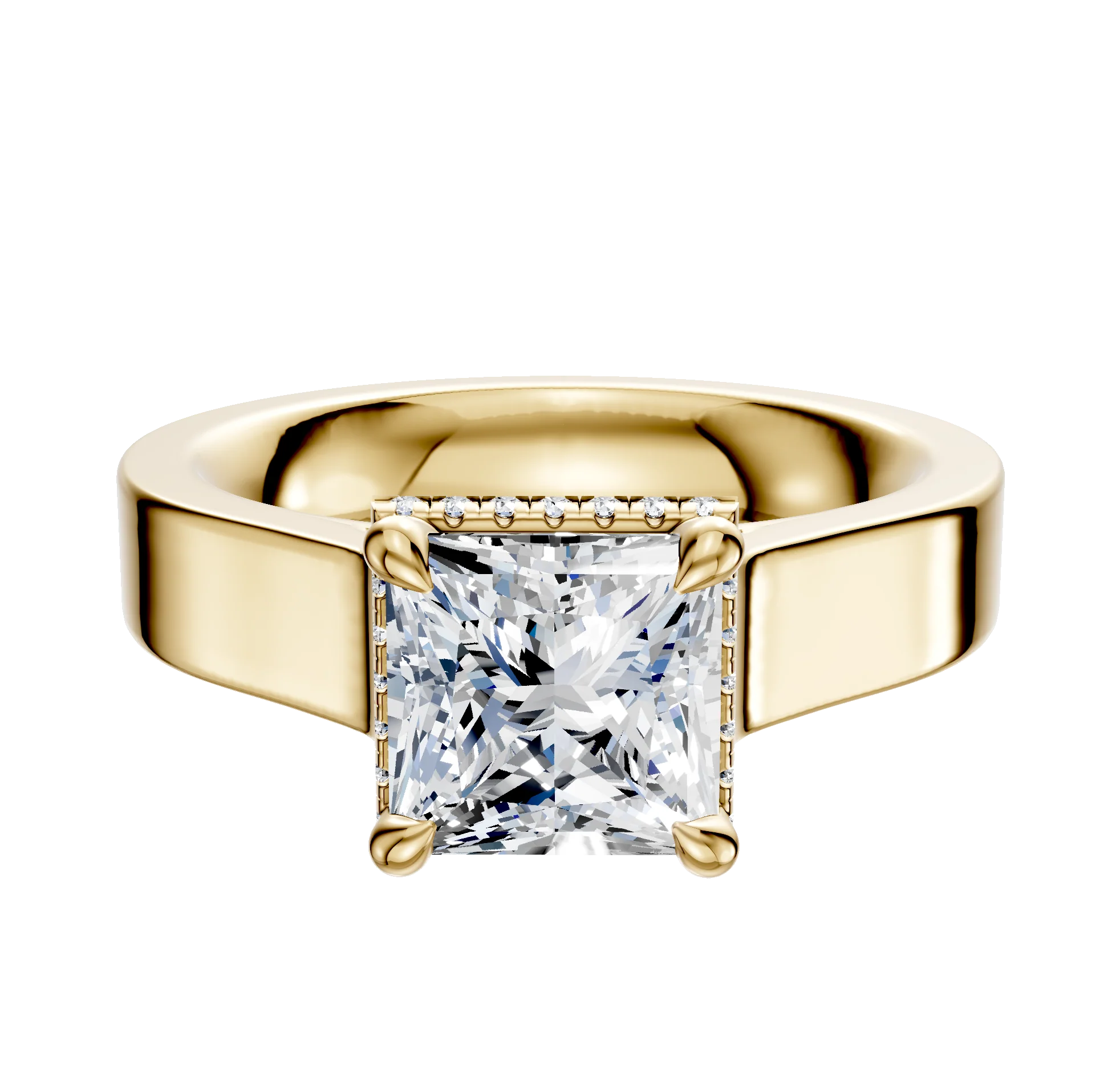 18K Yellow Gold 4 Prong Collar Cathedral Flat 4.0mm Engagement Ring