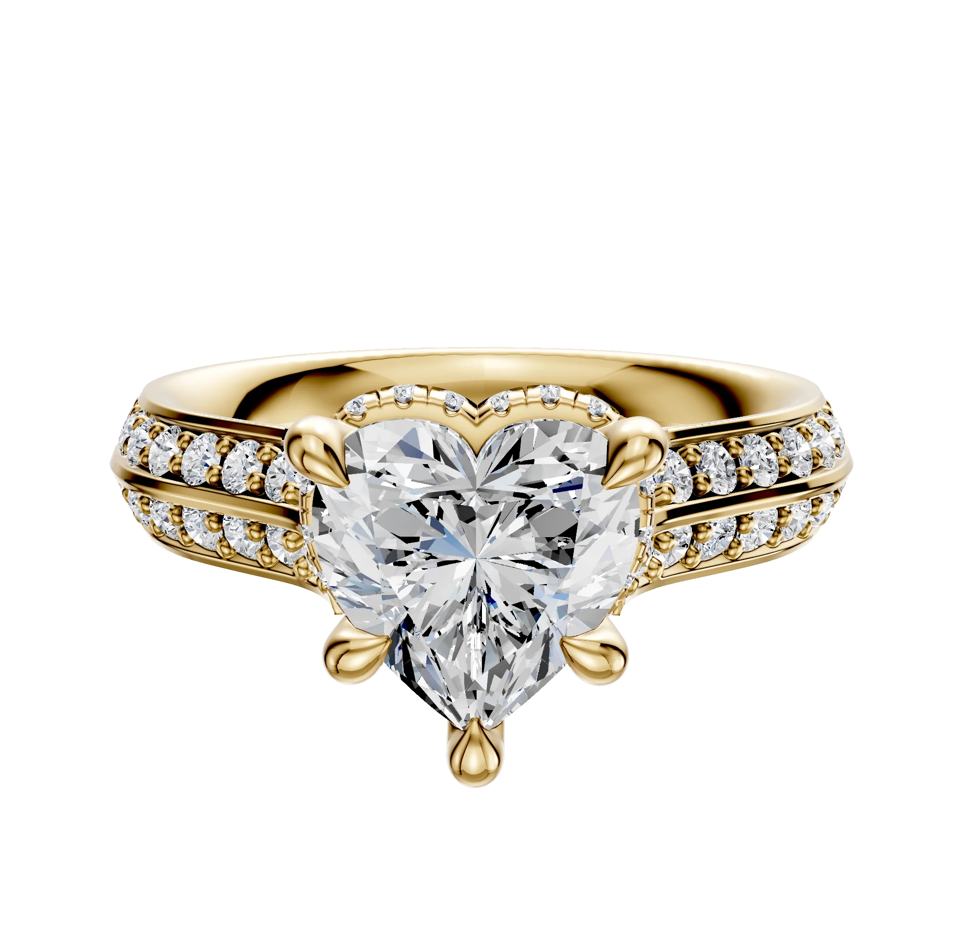 18K Yellow Gold 4 Prong Collar Cathedral Knife Edge 1-Row-Pave 2.5mm Engagement Ring