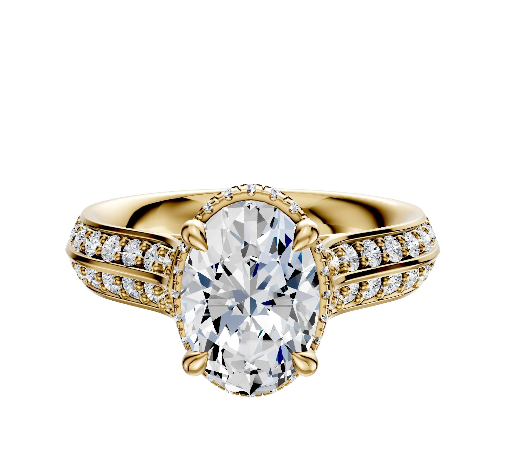 18K Yellow Gold 4 Prong Collar Cathedral Knife Edge 1-Row-Pave 2.5mm Engagement Ring