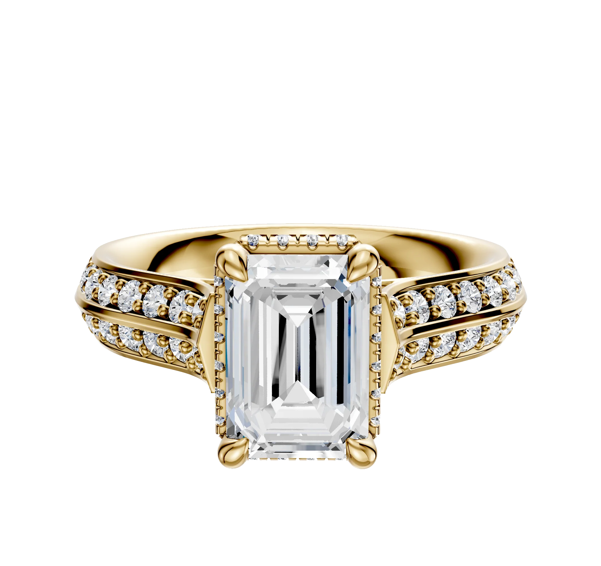 18K Yellow Gold 4 Prong Collar Cathedral Knife Edge 1-Row-Pave 2.5mm Engagement Ring