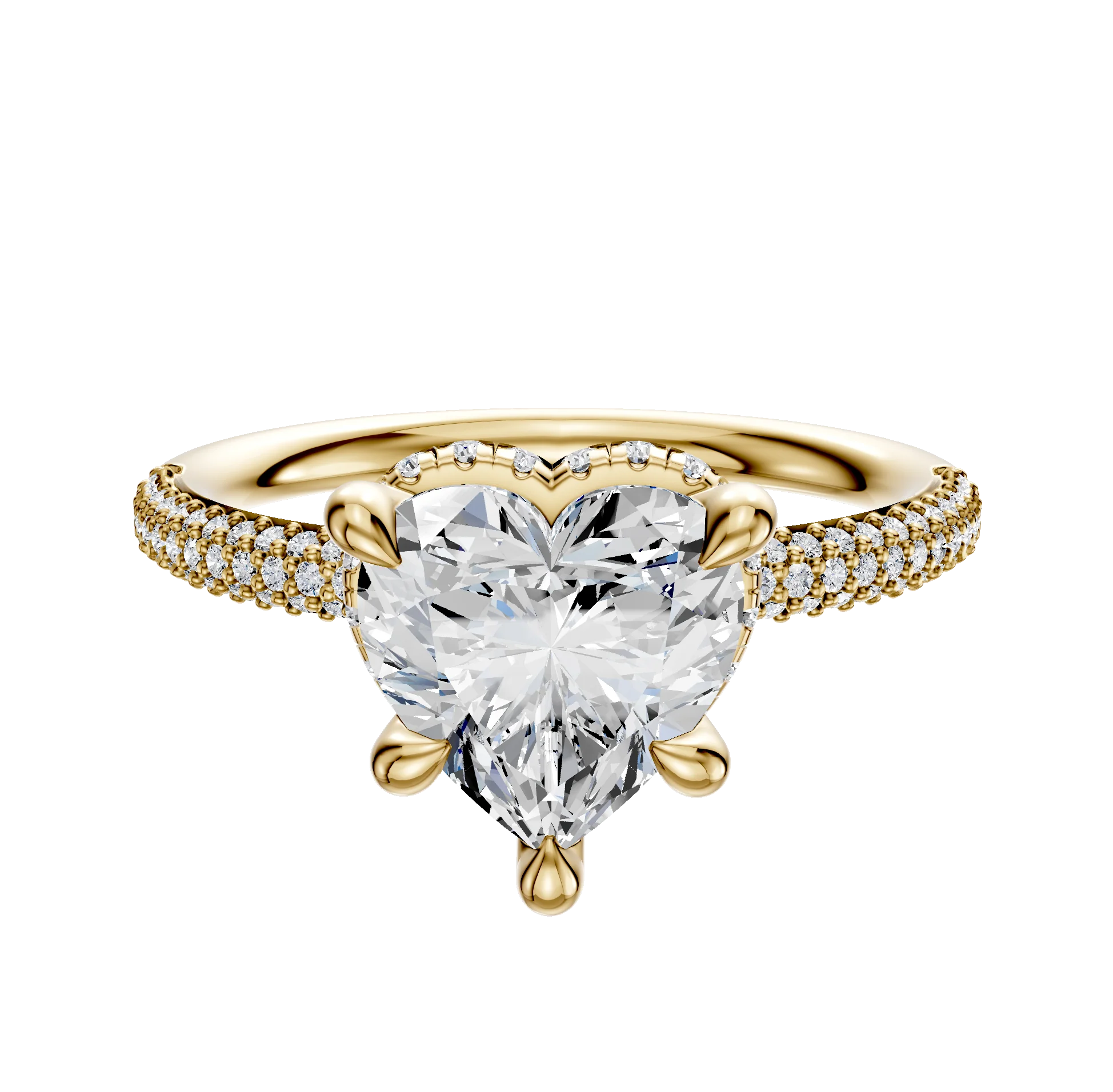 18K Yellow Gold 4 Prong Collar Classic Dome 3-Row-Pave 2.0mm Engagement Ring