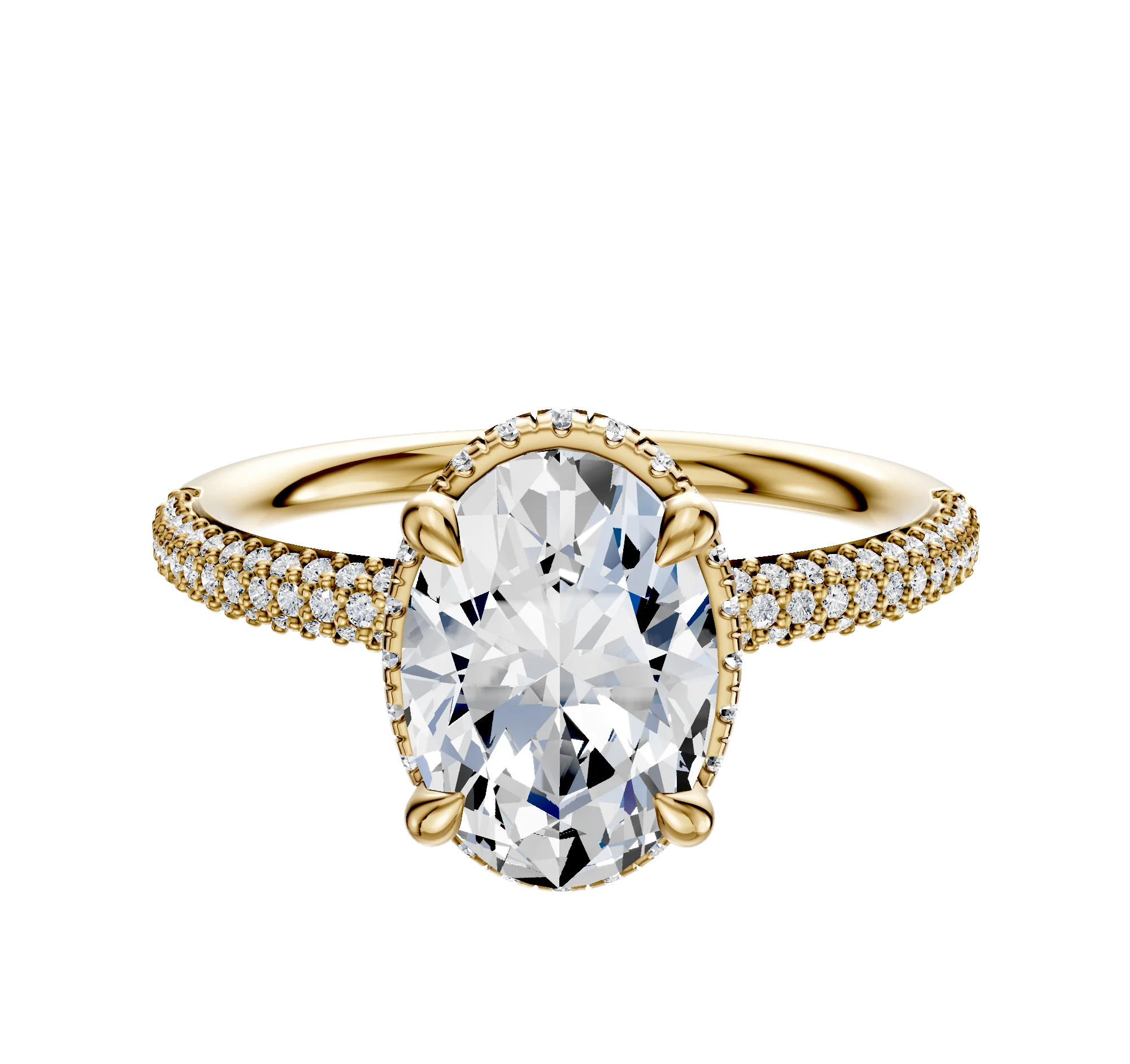 18K Yellow Gold 4 Prong Collar Classic Dome 3-Row-Pave 2.0mm Engagement Ring