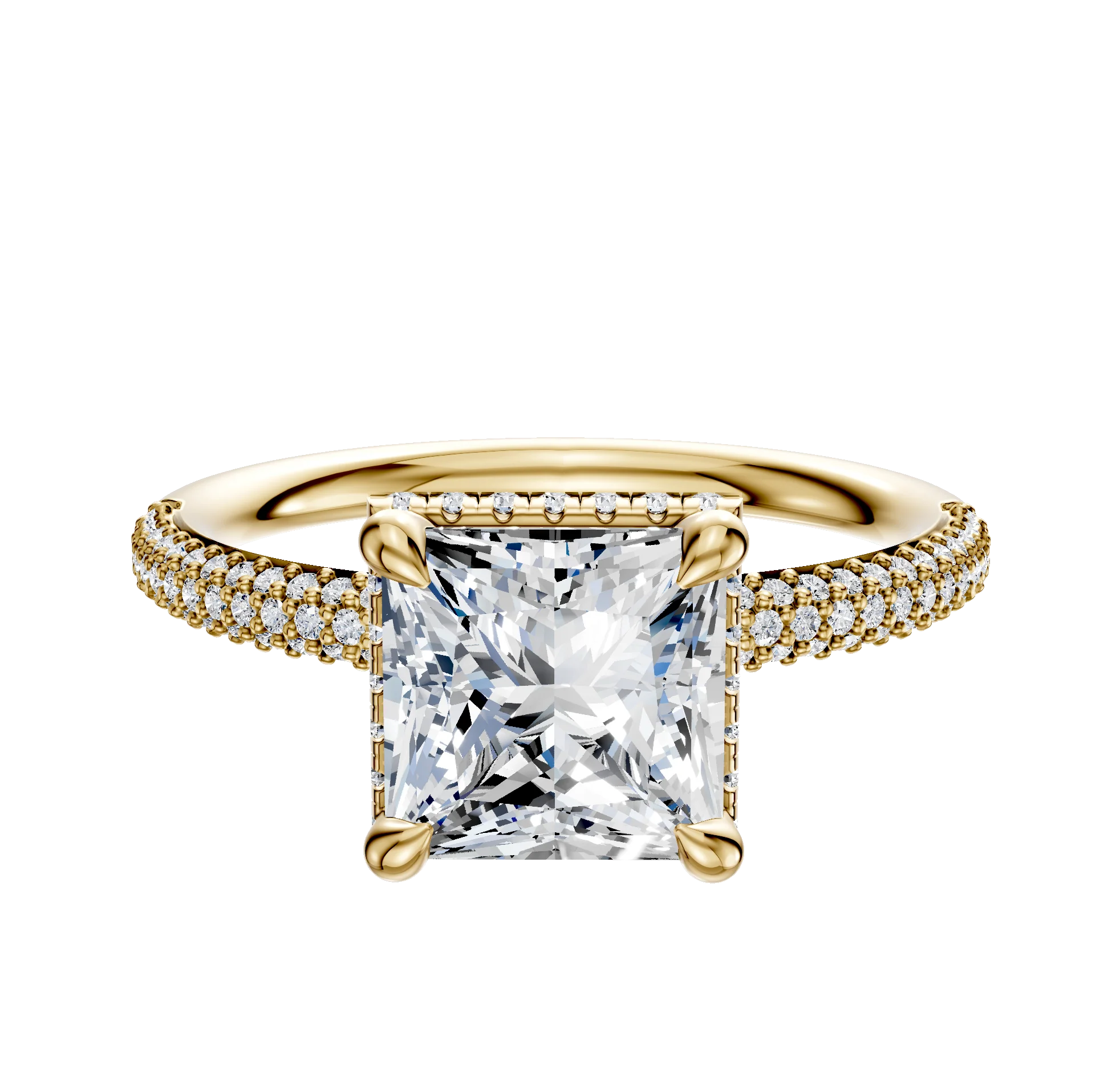 18K Yellow Gold 4 Prong Collar Classic Dome 3-Row-Pave 2.0mm Engagement Ring