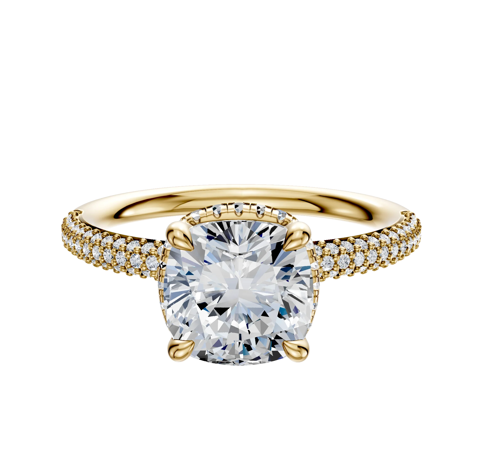 18K Yellow Gold 4 Prong Collar Classic Dome 3-Row-Pave 2.0mm Engagement Ring
