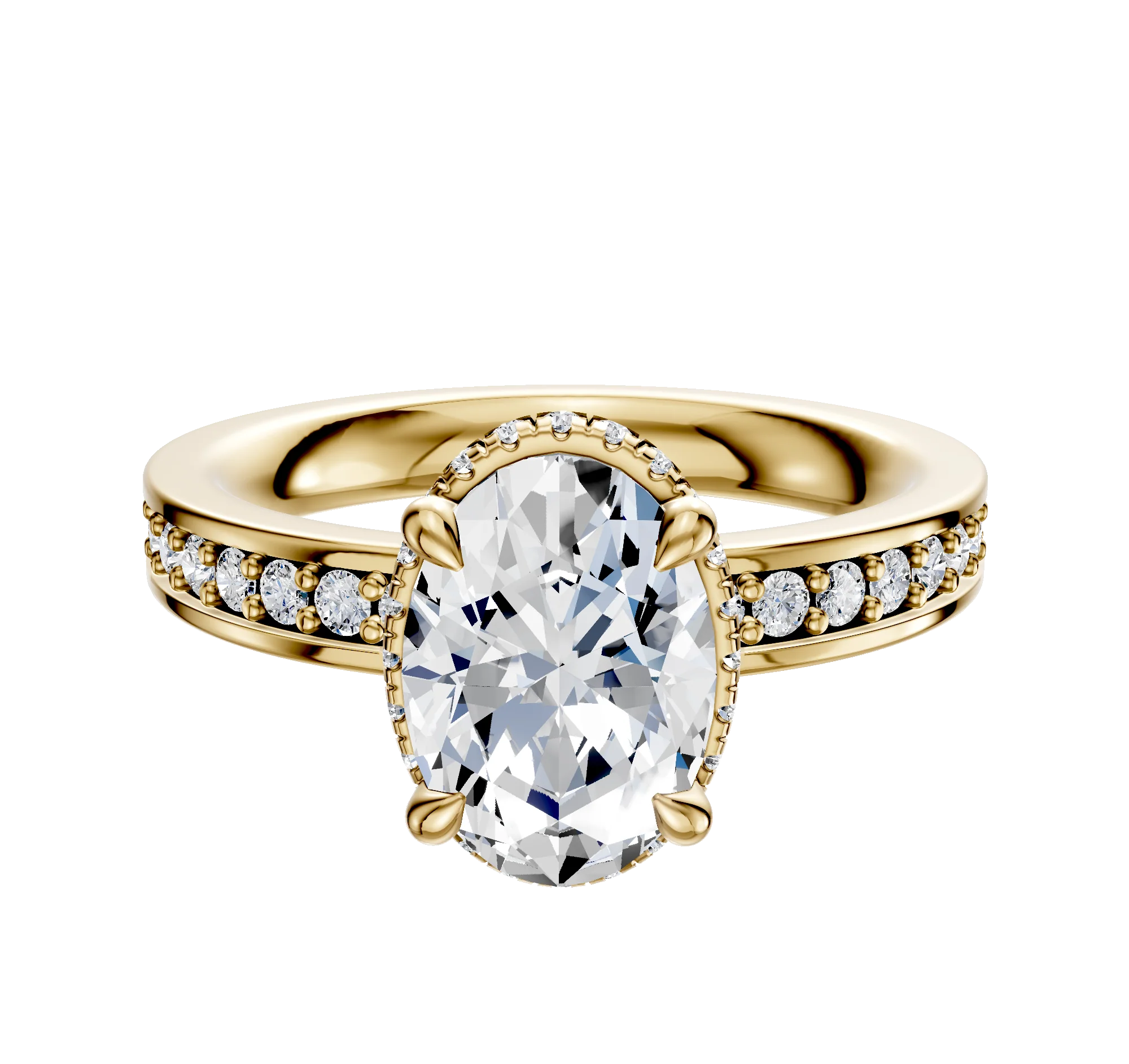 18K Yellow Gold 4 Prong Collar Classic Flat 1-Row-Pave 2.5mm Engagement Ring
