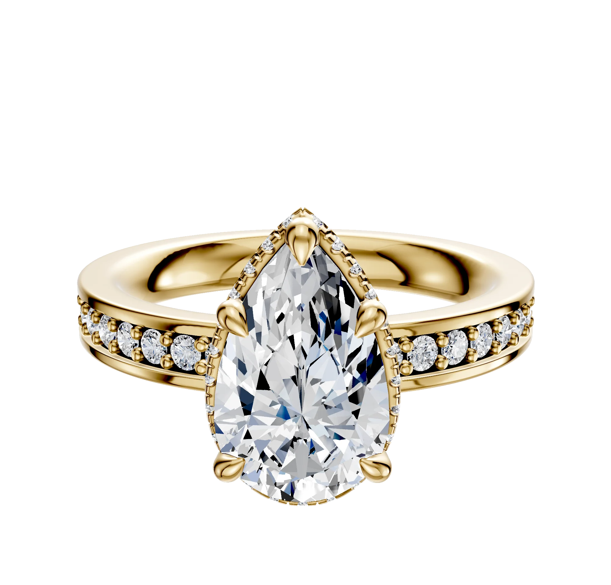 18K Yellow Gold 4 Prong Collar Classic Flat 1-Row-Pave 2.5mm Engagement Ring