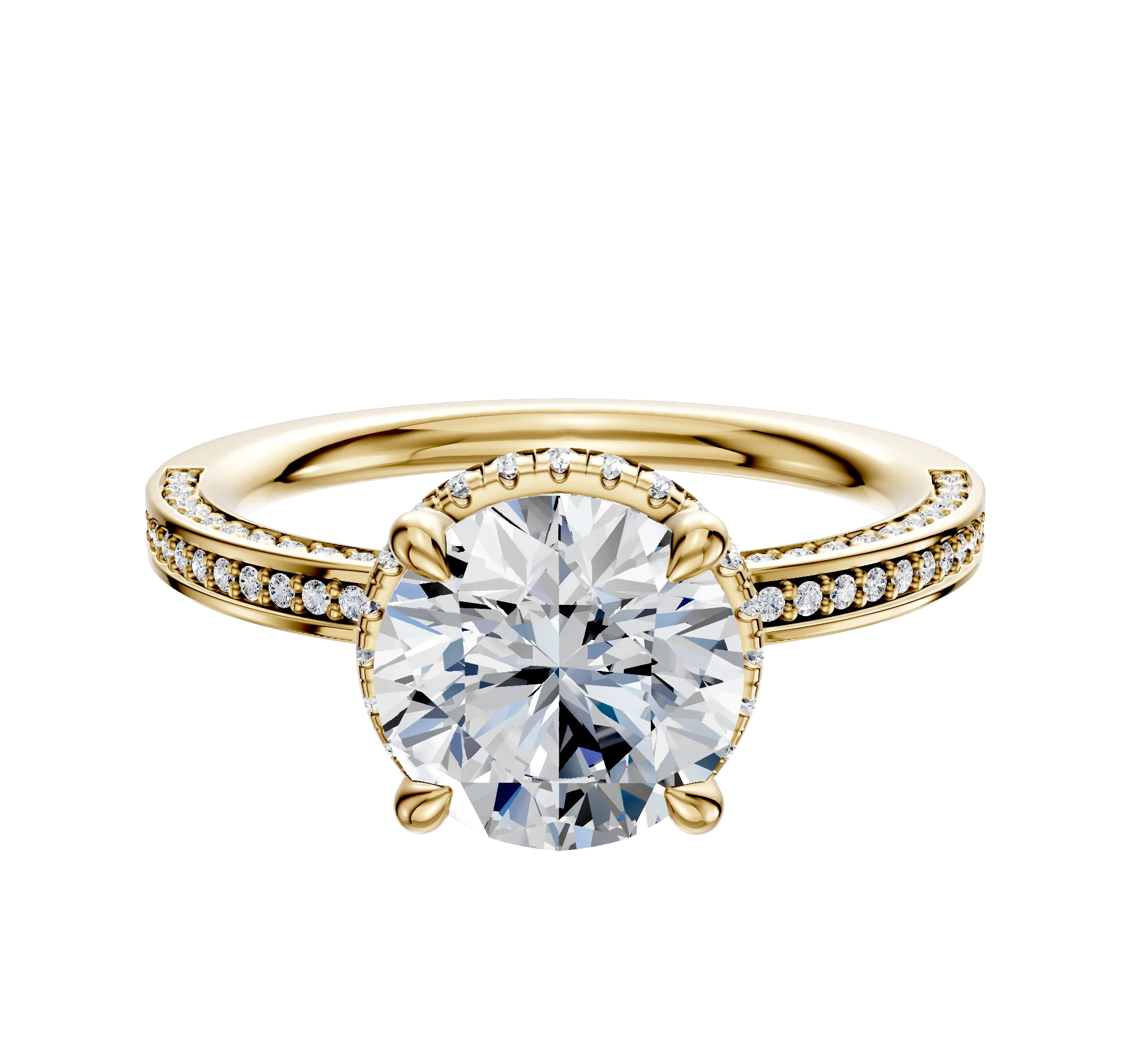 18K Yellow Gold 4 Prong Collar Classic Flat 3-Row-Pave 2.0mm Engagement Ring