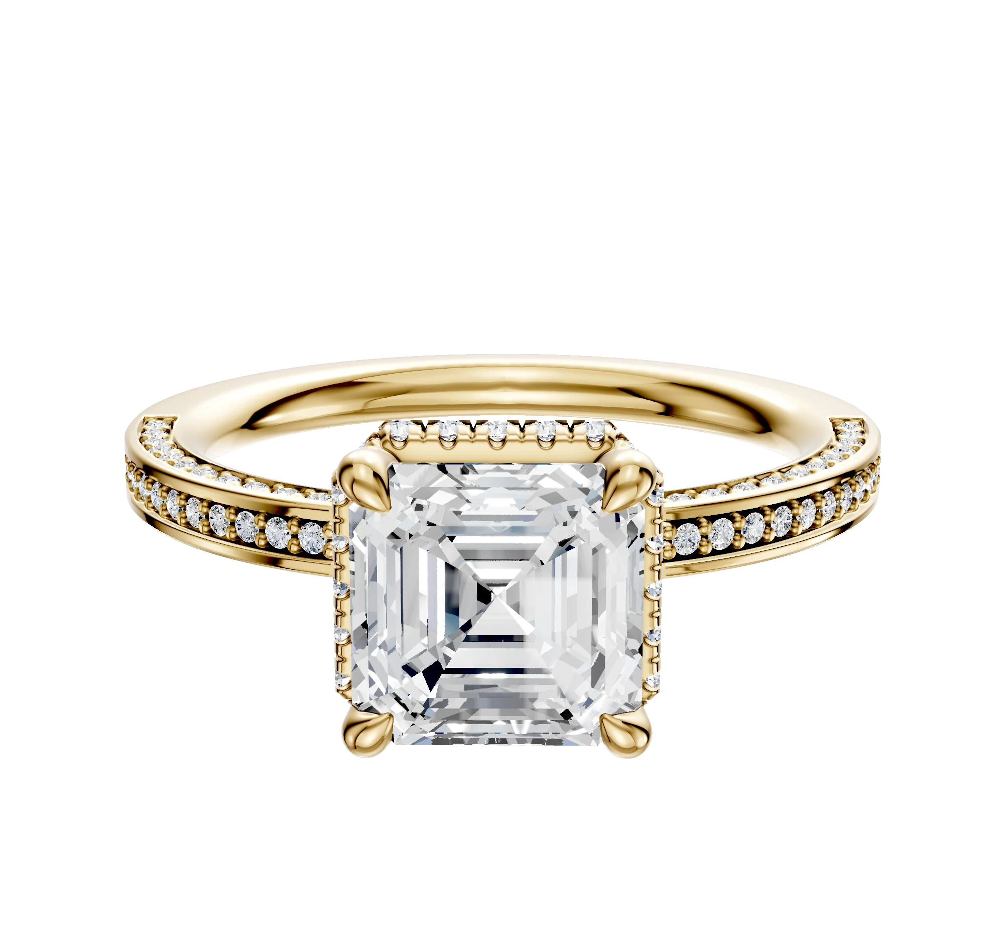 18K Yellow Gold 4 Prong Collar Classic Flat 3-Row-Pave 2.0mm Engagement Ring