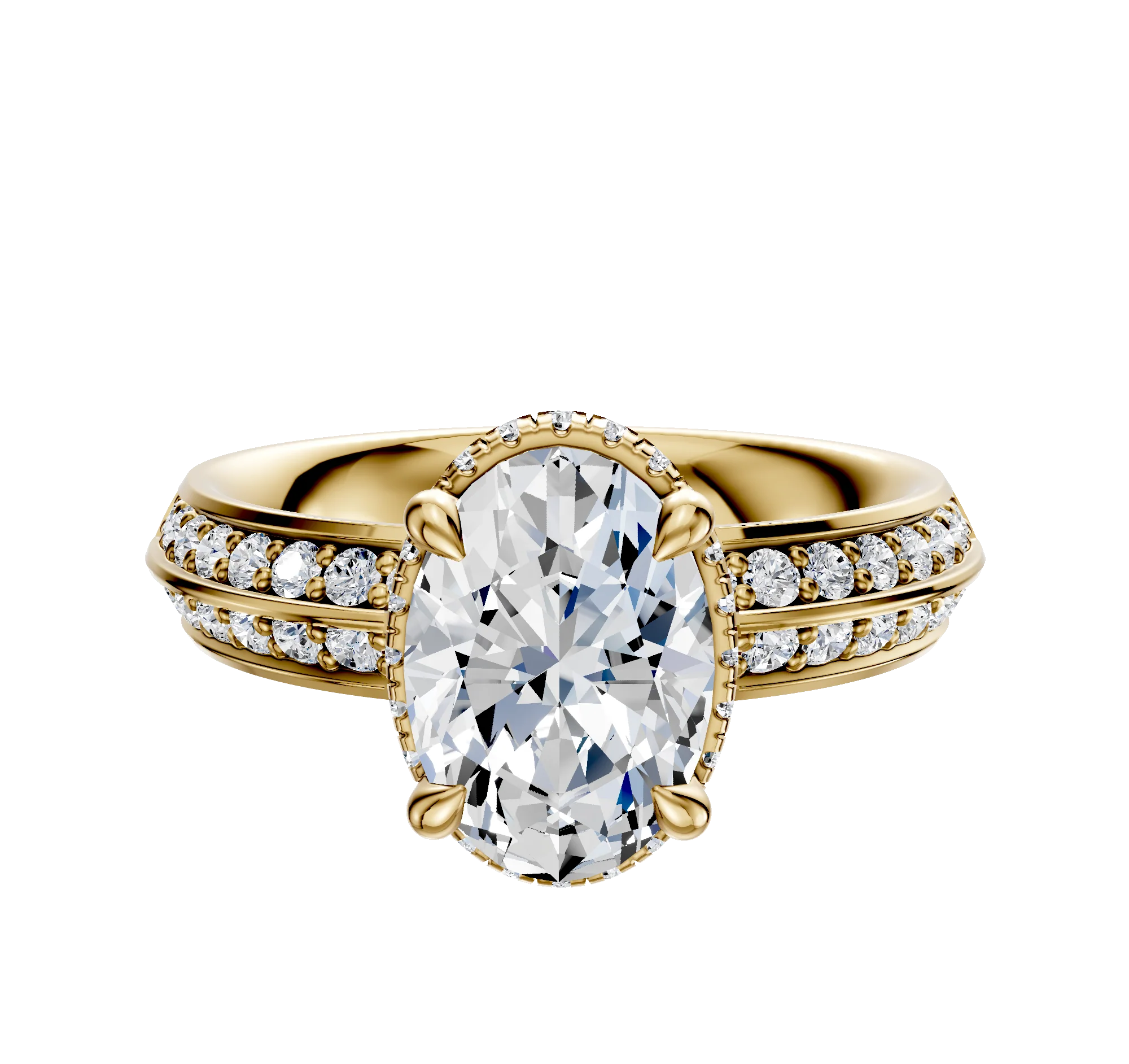 18K Yellow Gold 4 Prong Collar Classic Knife Edge 1-Row-Pave 2.5mm Engagement Ring