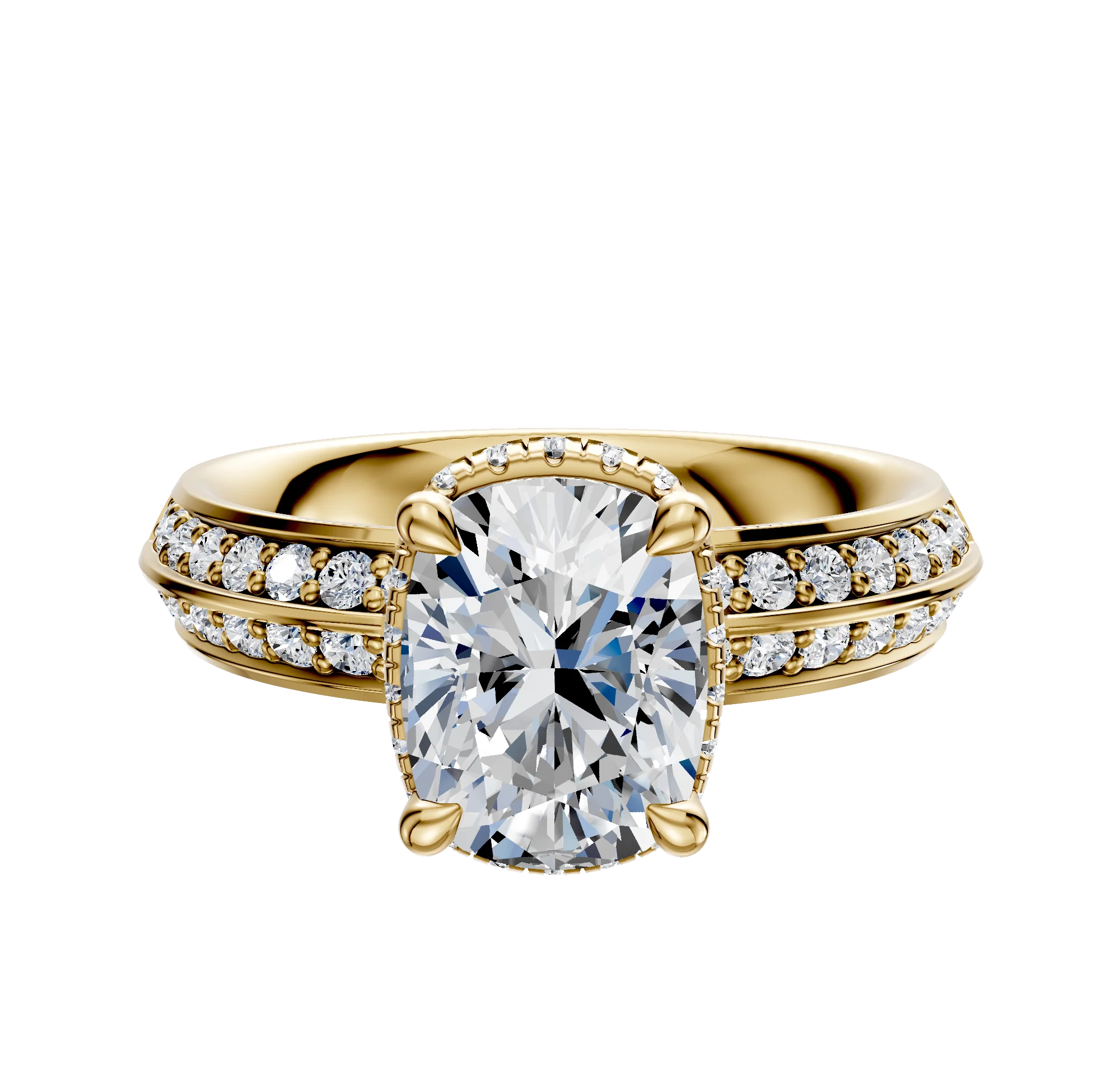18K Yellow Gold 4 Prong Collar Classic Knife Edge 1-Row-Pave 2.5mm Engagement Ring
