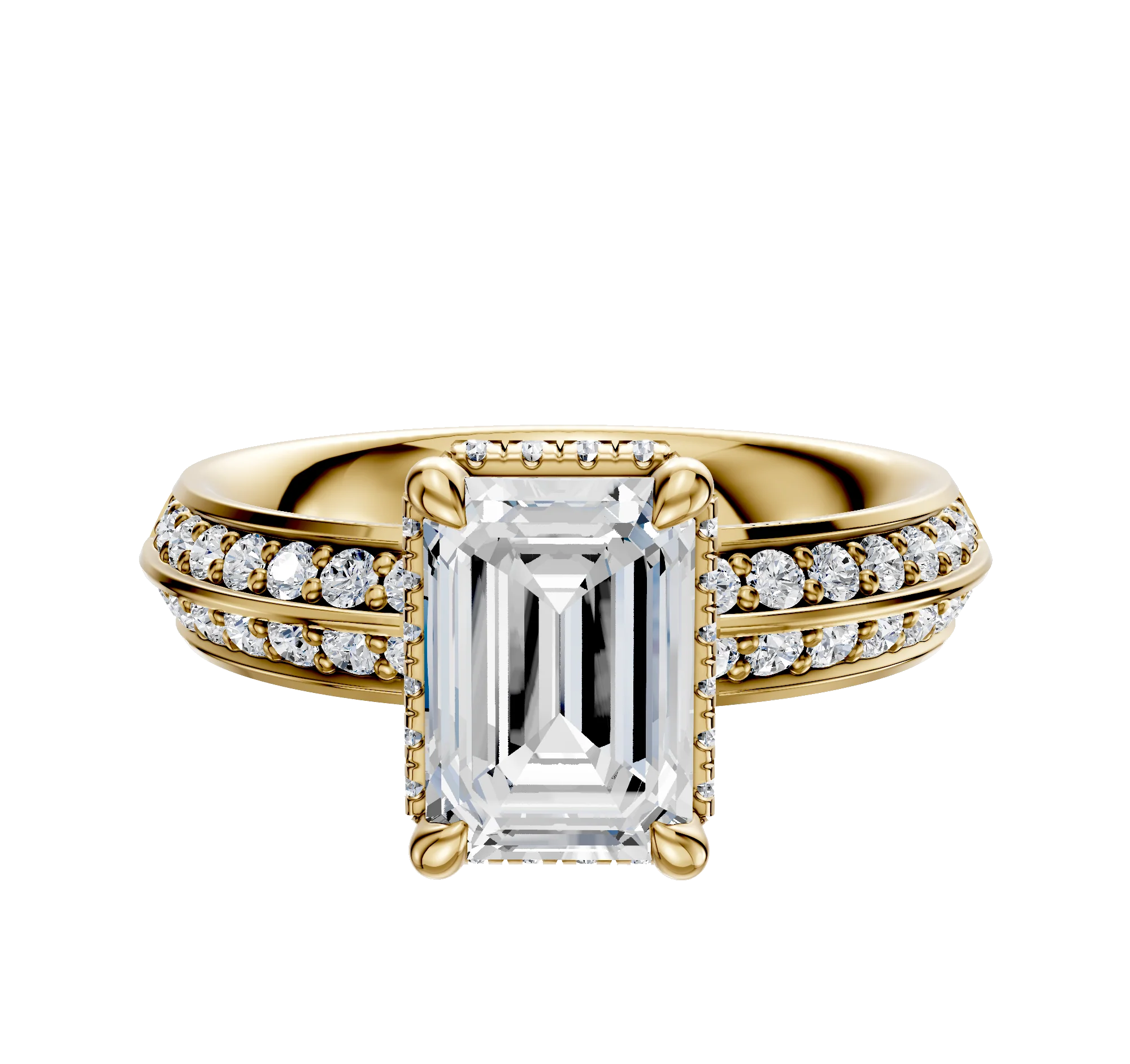 18K Yellow Gold 4 Prong Collar Classic Knife Edge 1-Row-Pave 2.5mm Engagement Ring