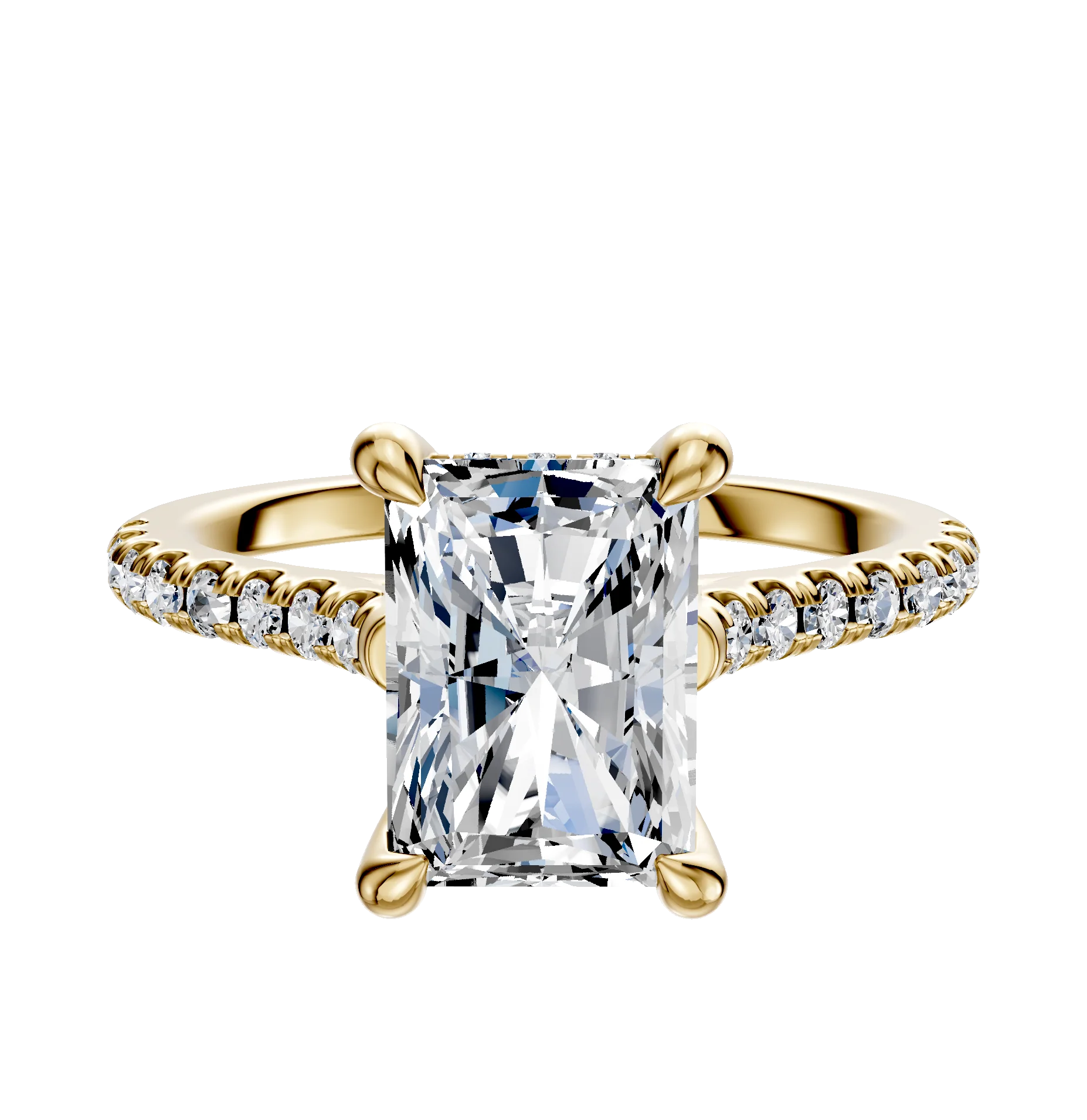 18K Yellow Gold 4 Prong Hidden Halo Cathedral Dome 1-Row-Pave 2.5mm Engagement Ring