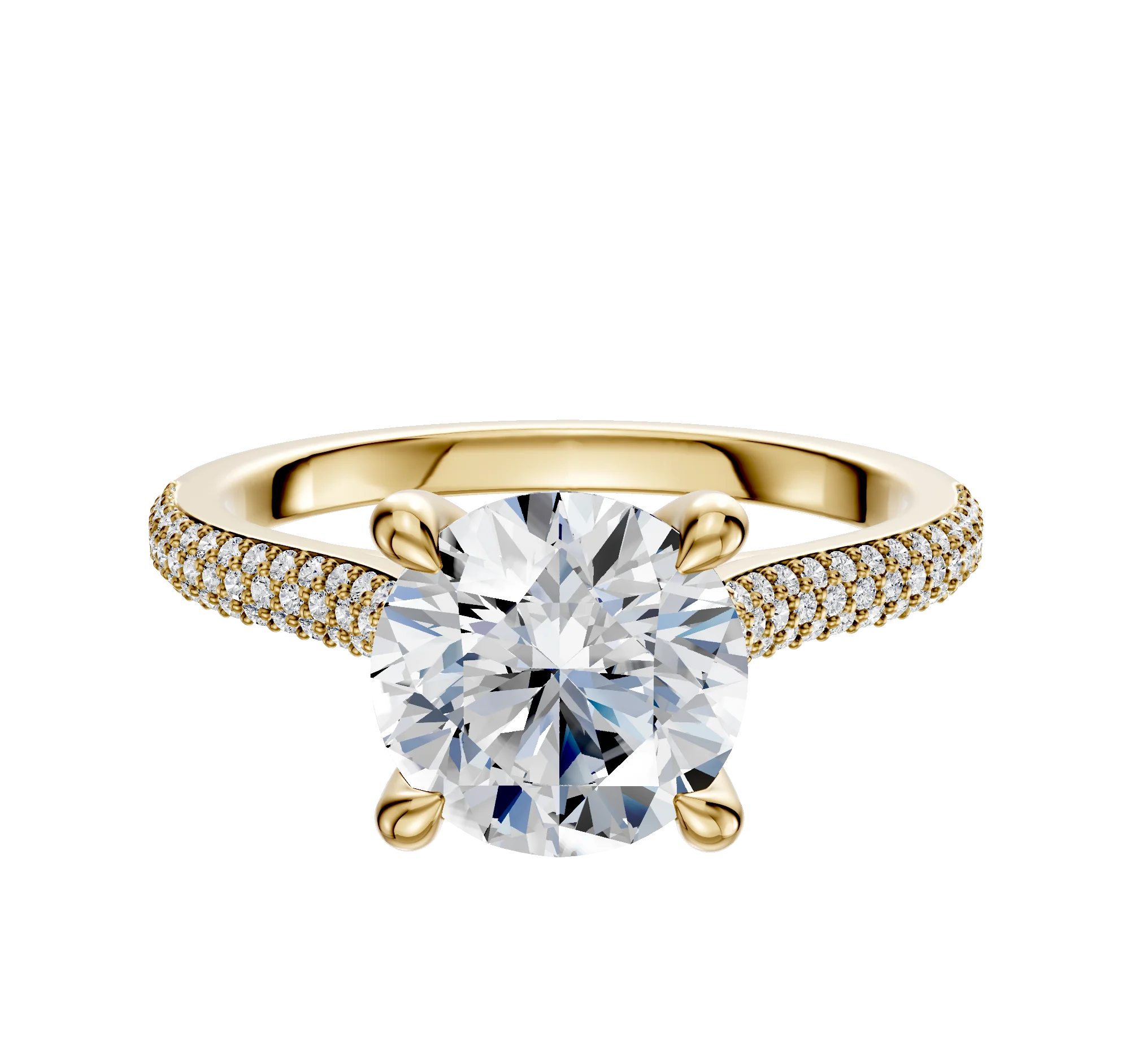18K Yellow Gold 4 Prong Hidden Halo Cathedral Dome 3-Row-Pave 2.0mm Engagement Ring