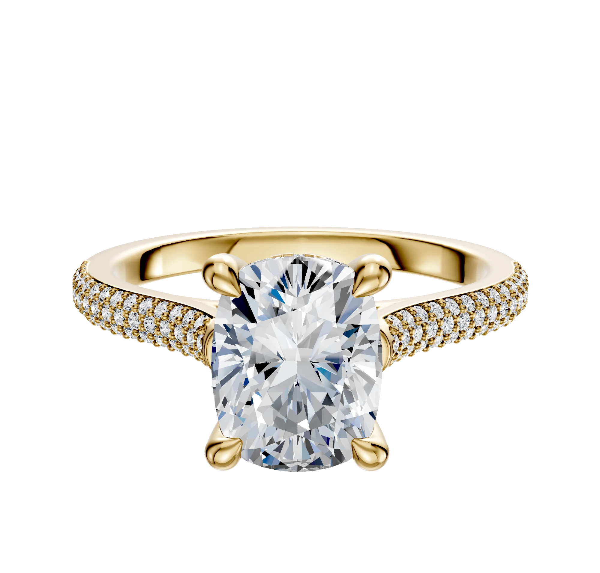 18K Yellow Gold 4 Prong Hidden Halo Cathedral Dome 3-Row-Pave 2.0mm Engagement Ring