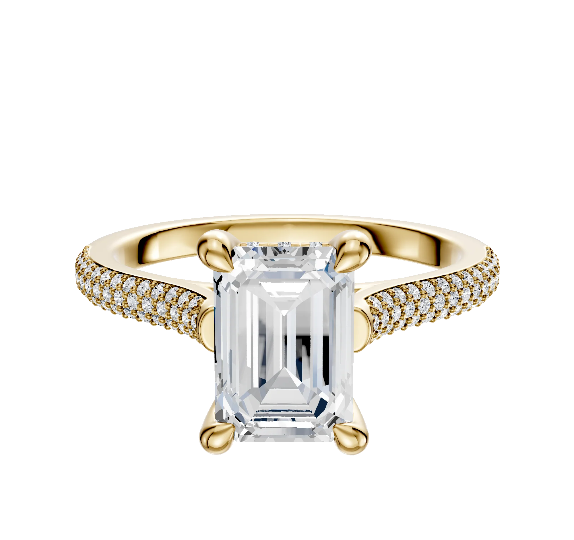 18K Yellow Gold 4 Prong Hidden Halo Cathedral Dome 3-Row-Pave 2.0mm Engagement Ring