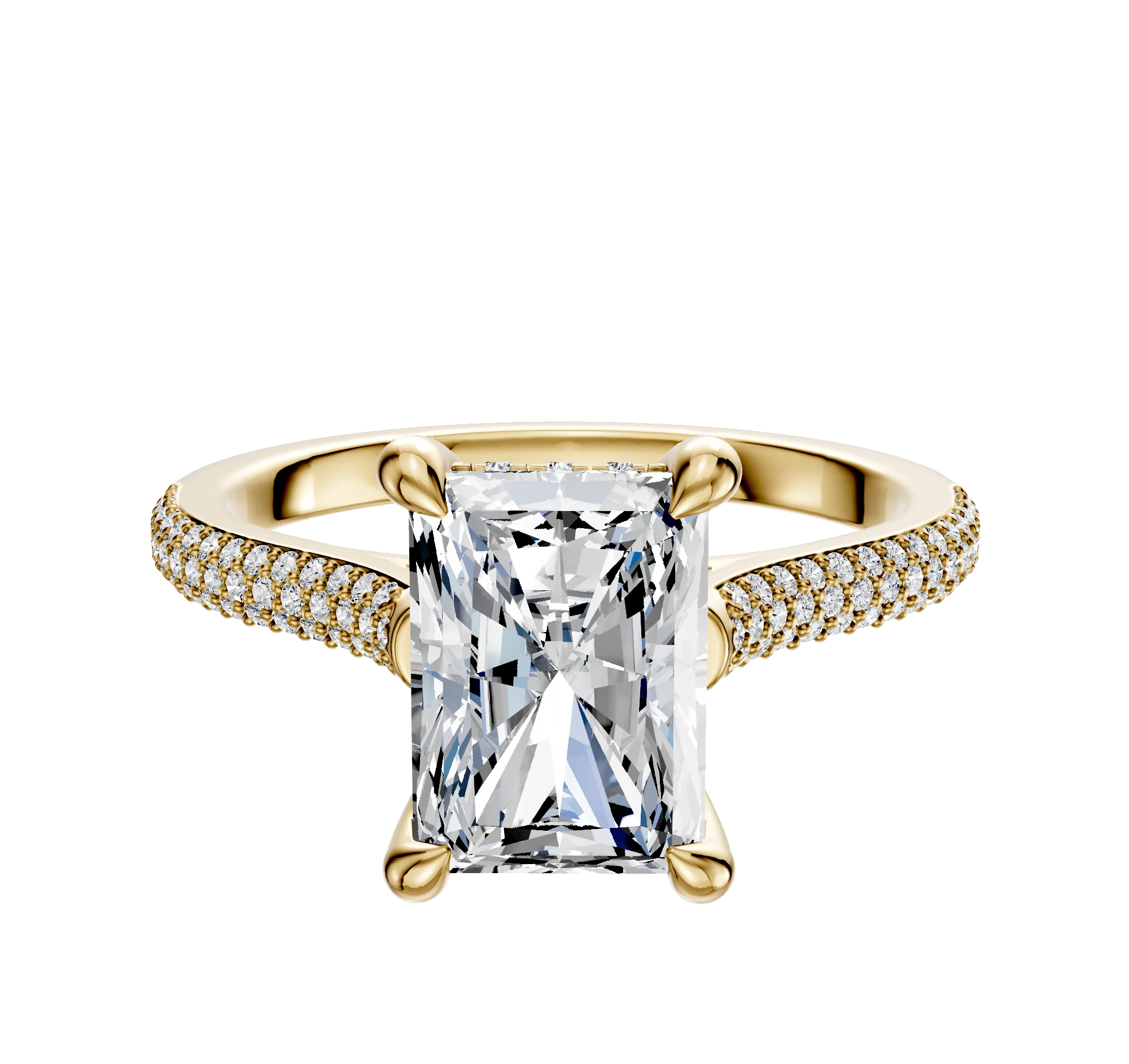 18K Yellow Gold 4 Prong Hidden Halo Cathedral Dome 3-Row-Pave 2.0mm Engagement Ring