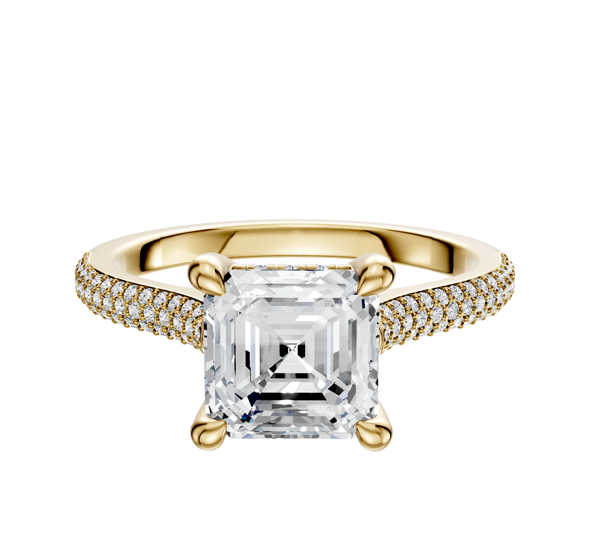 18K Yellow Gold 4 Prong Hidden Halo Cathedral Dome 3-Row-Pave 2.0mm Engagement Ring