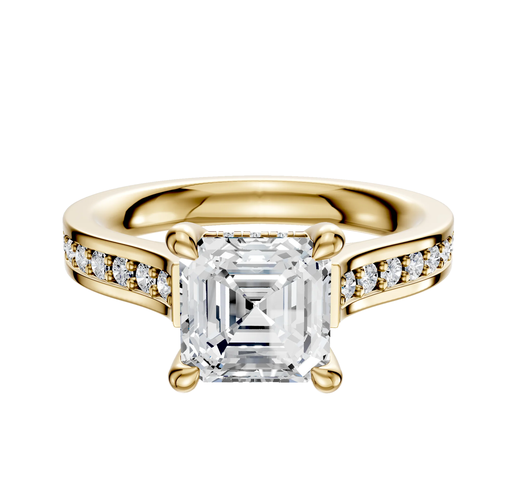 18K Yellow Gold 4 Prong Hidden Halo Cathedral Flat 1-Row-Pave 2.5mm Engagement Ring