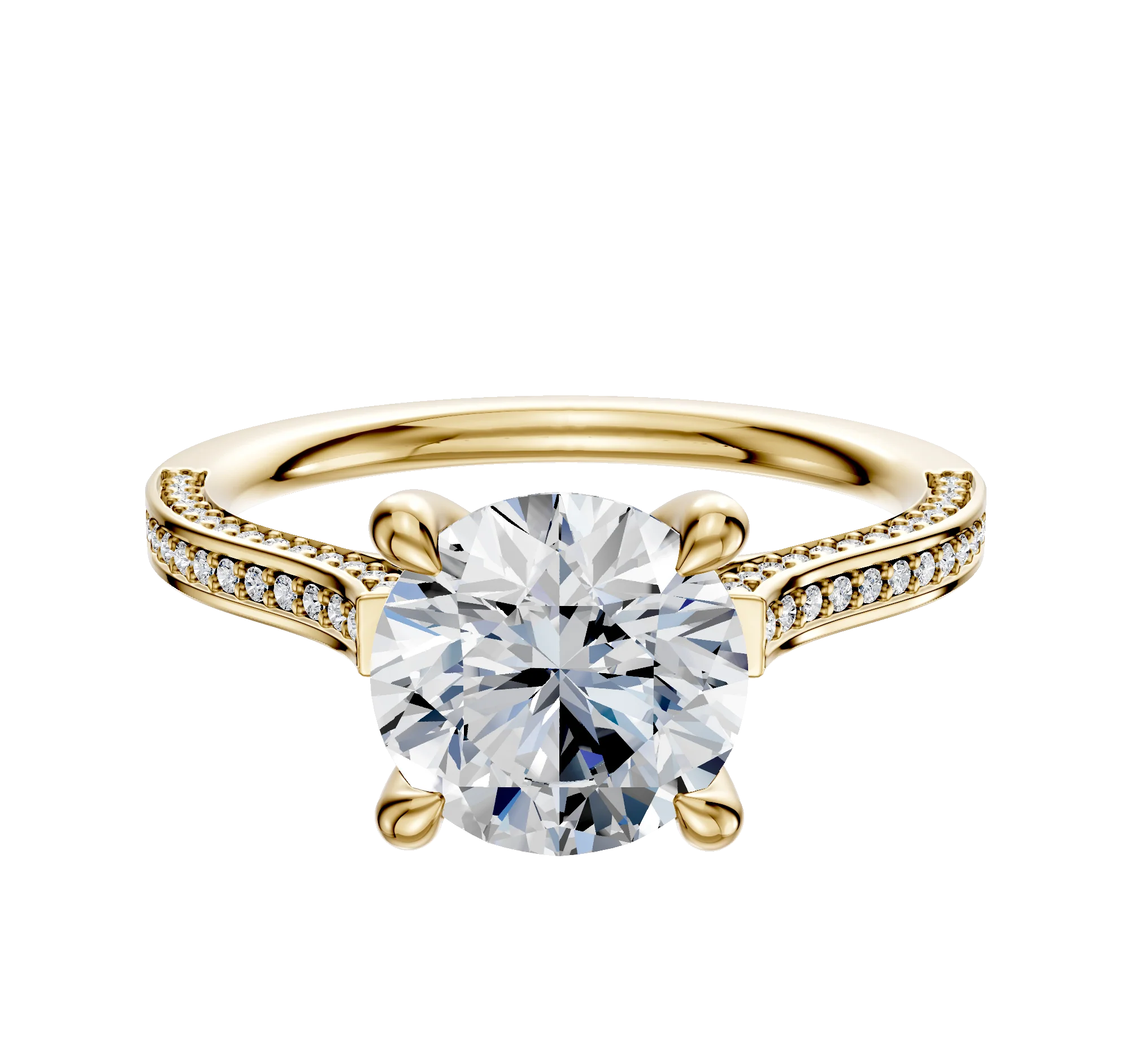 18K Yellow Gold 4 Prong Hidden Halo Cathedral Flat 3-Row-Pave 2.0mm Engagement Ring