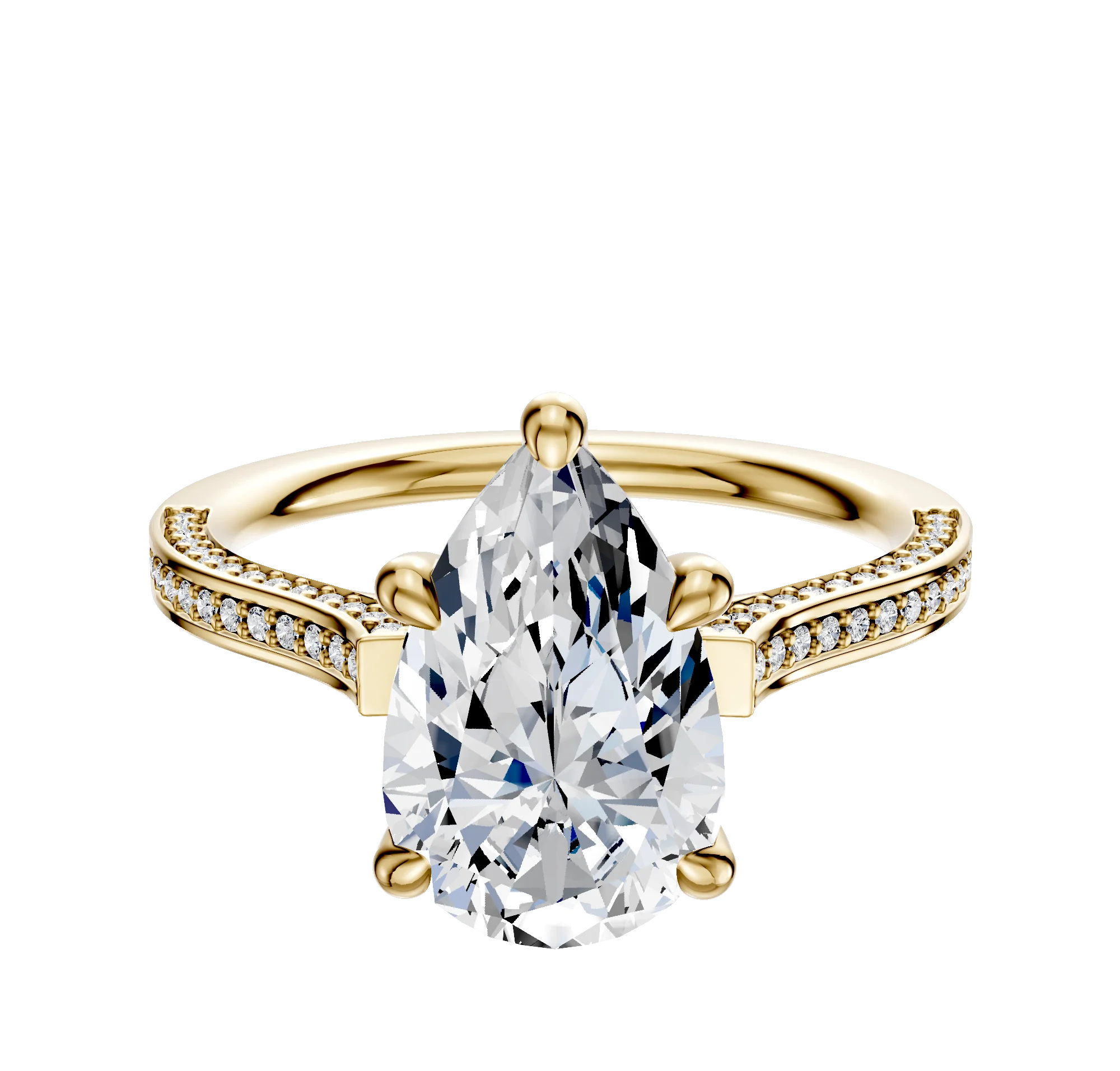 18K Yellow Gold 4 Prong Hidden Halo Cathedral Flat 3-Row-Pave 2.0mm Engagement Ring