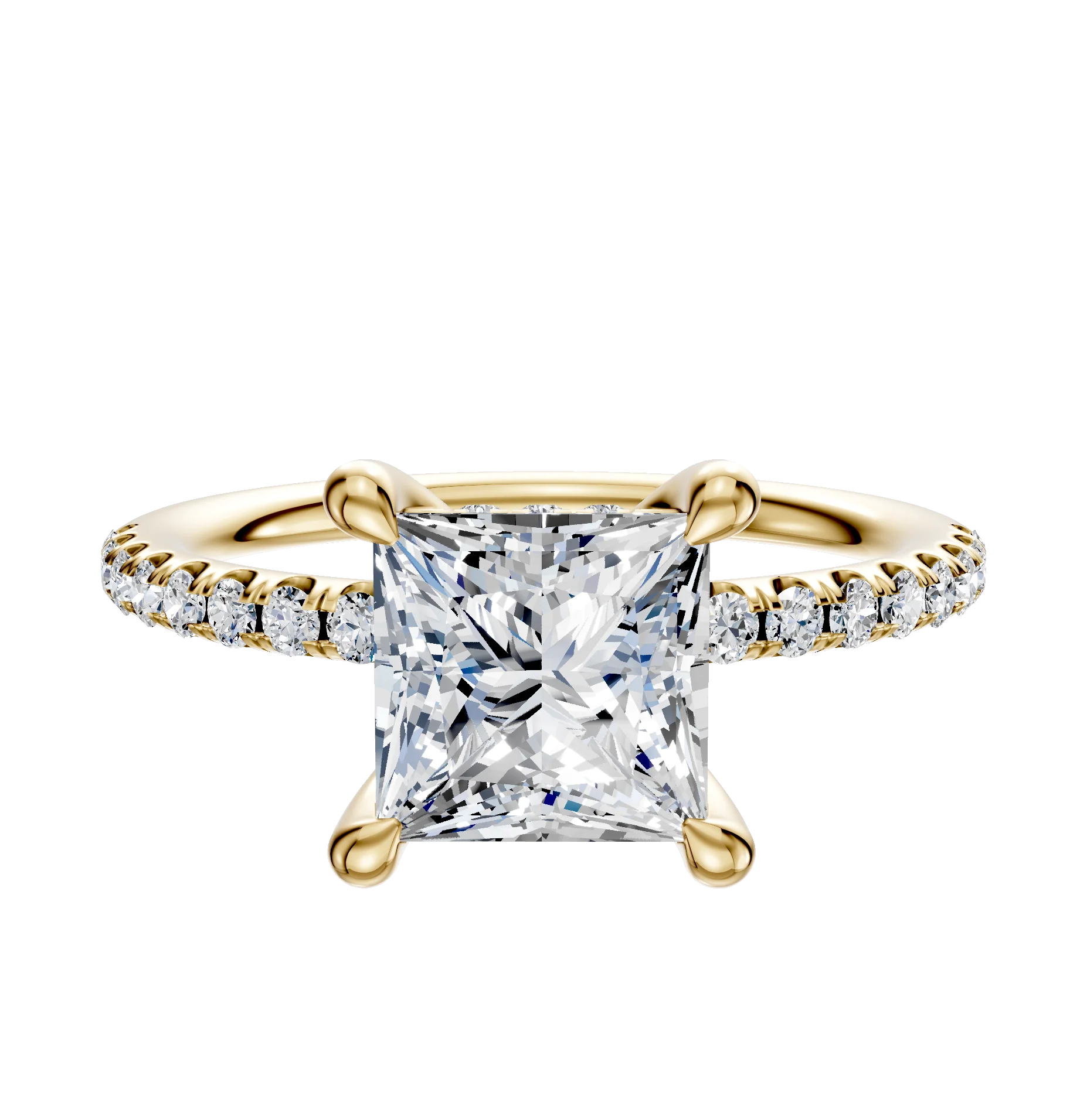 18K Yellow Gold 4 Prong Hidden Halo Classic Dome 1-Row-Pave 2.5mm Engagement Ring