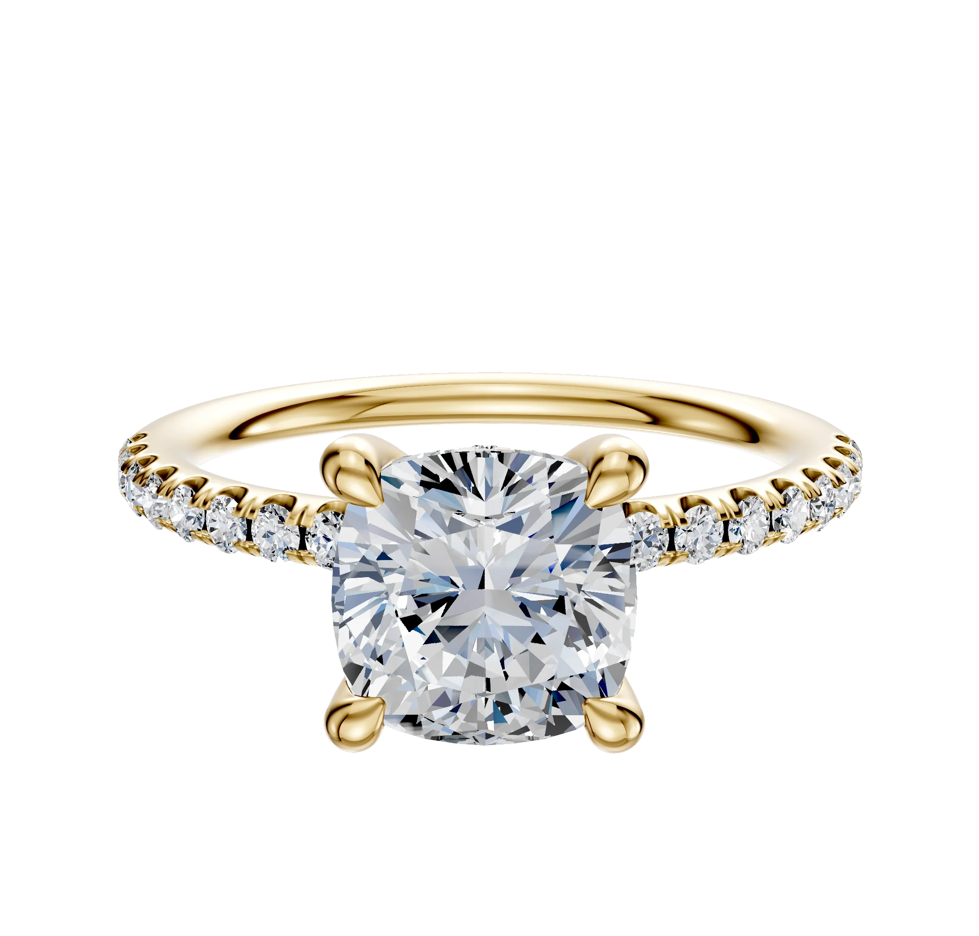18K Yellow Gold 4 Prong Hidden Halo Classic Dome 1-Row-Pave 2.5mm Engagement Ring