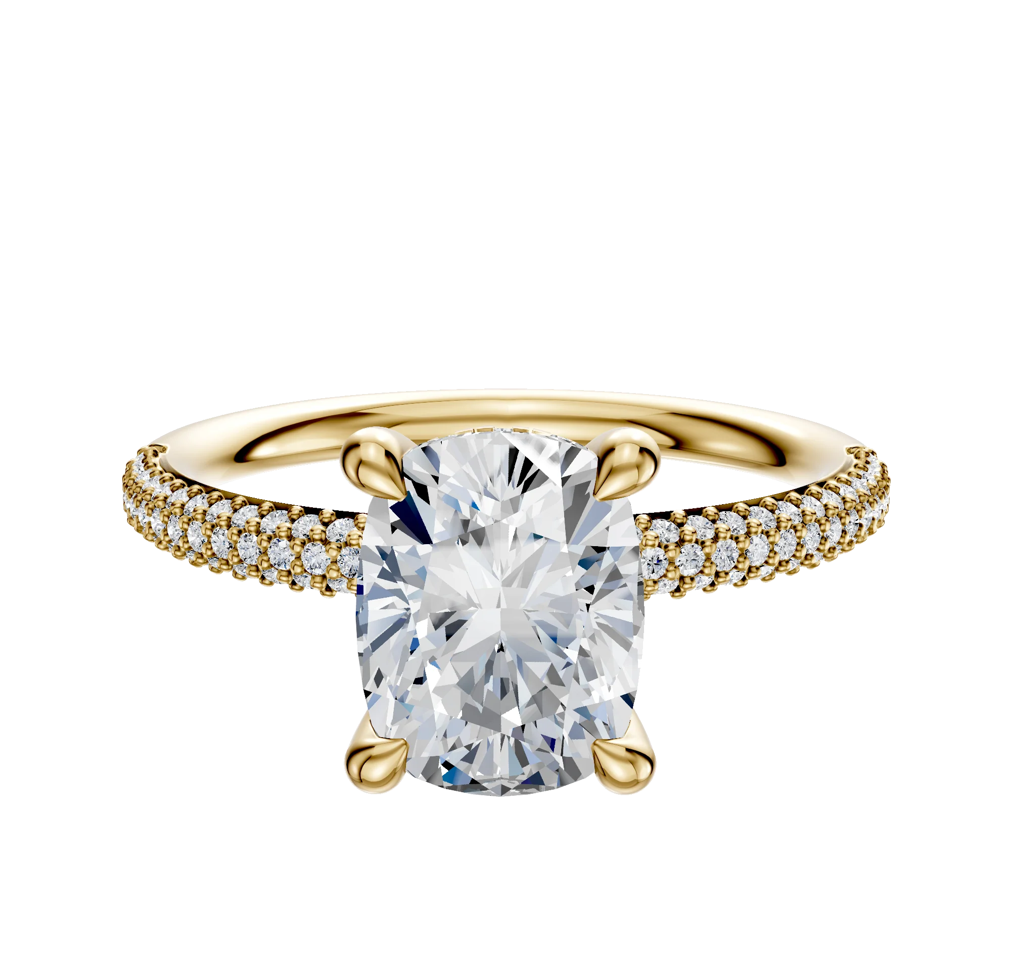 18K Yellow Gold 4 Prong Hidden Halo Classic Dome 3-Row-Pave 2.0mm Engagement Ring