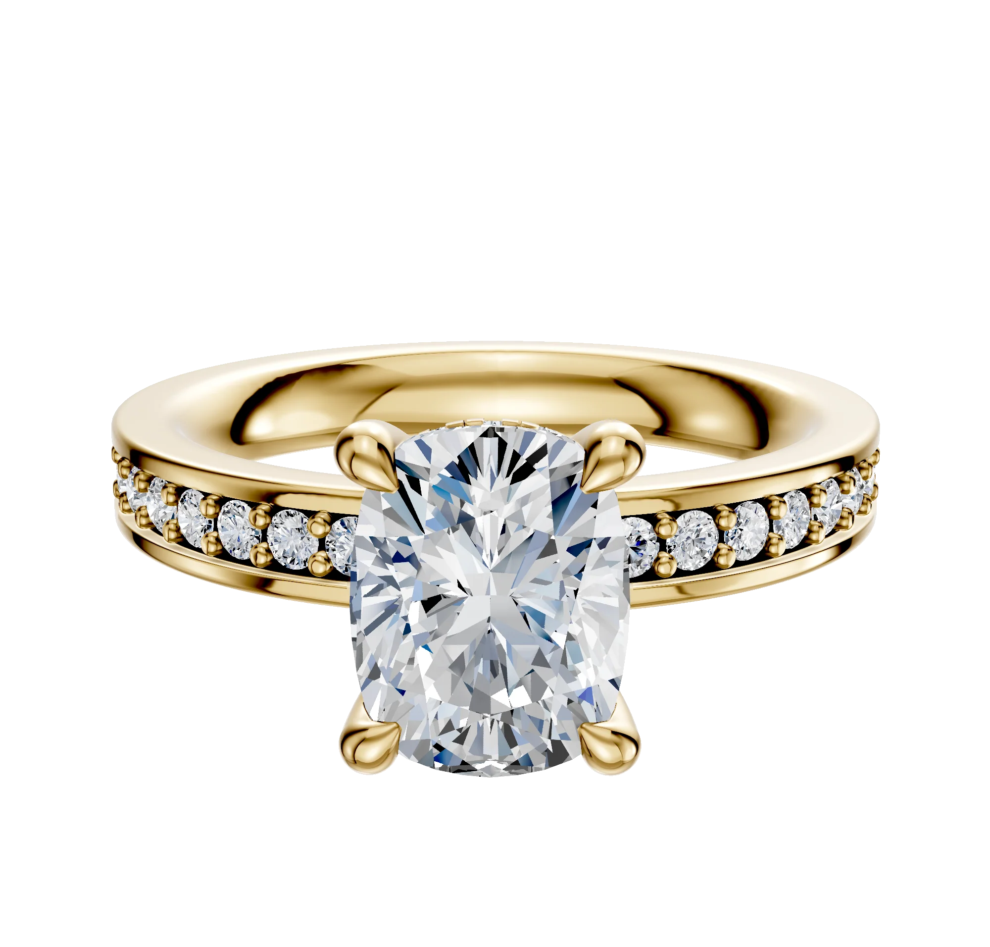 18K Yellow Gold 4 Prong Hidden Halo Classic Flat 1-Row-Pave 2.5mm Engagement Ring
