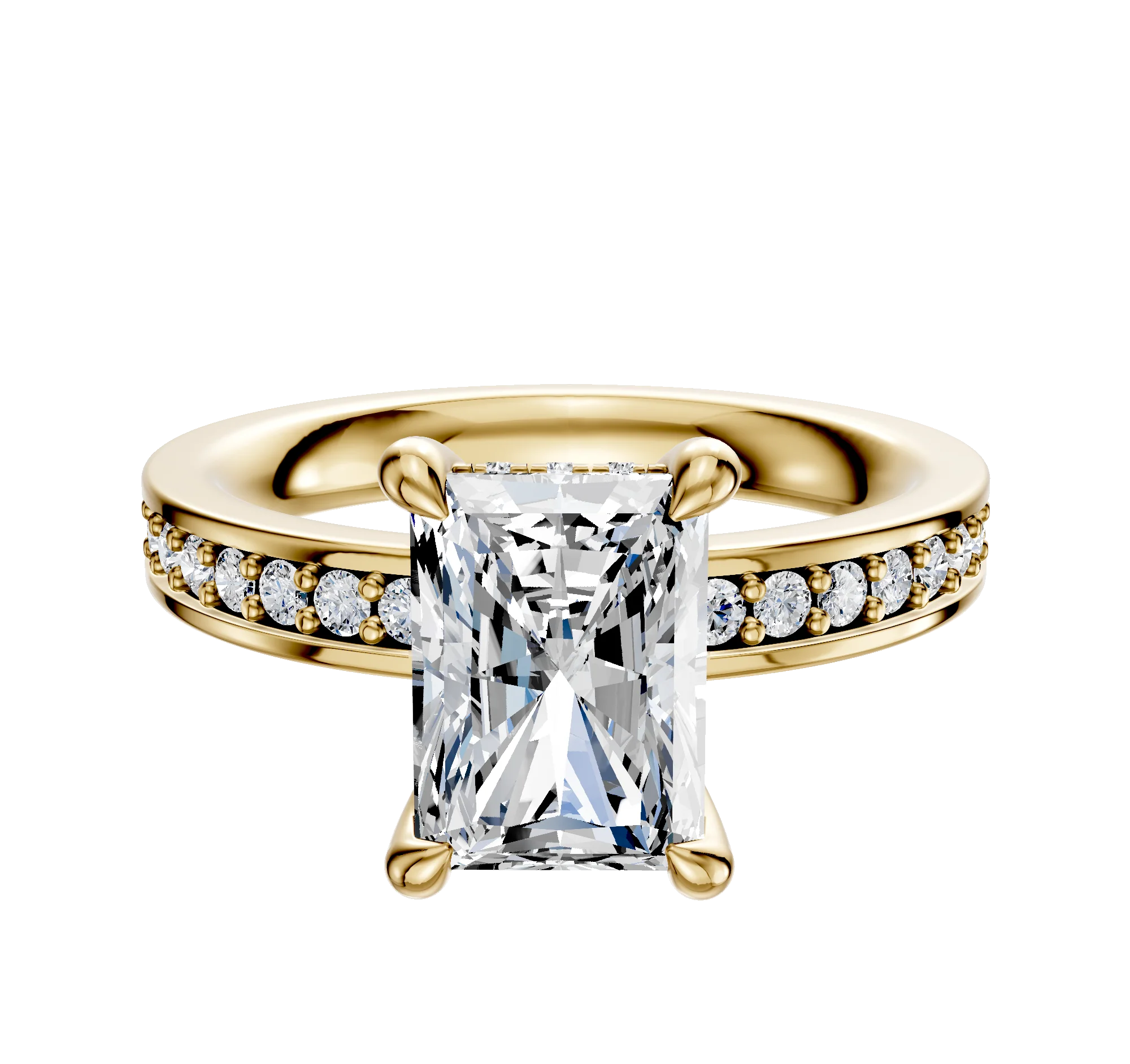 18K Yellow Gold 4 Prong Hidden Halo Classic Flat 1-Row-Pave 2.5mm Engagement Ring