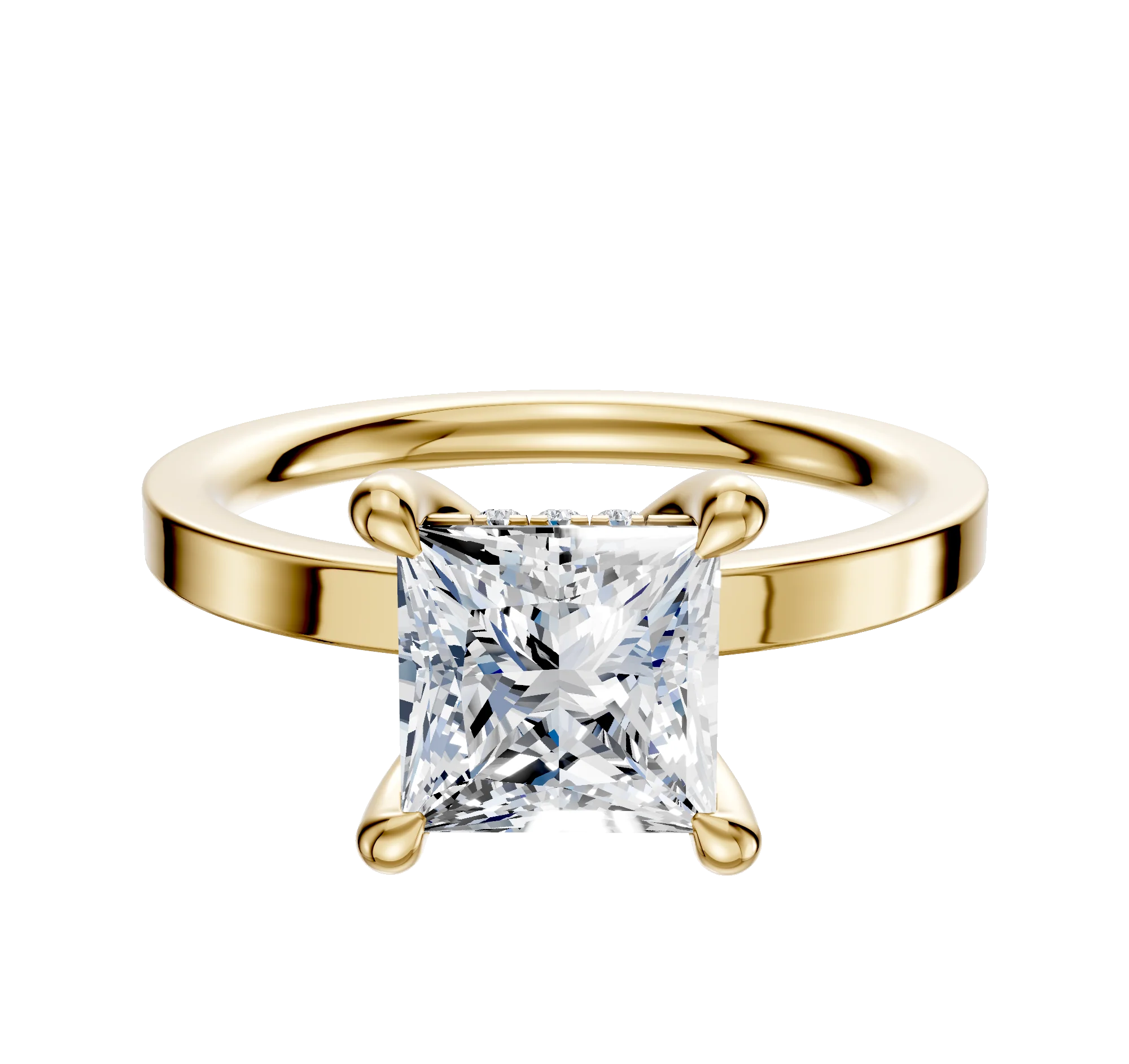 18K Yellow Gold 4 Prong Hidden Halo Classic Flat 2.0mm Engagement Ring