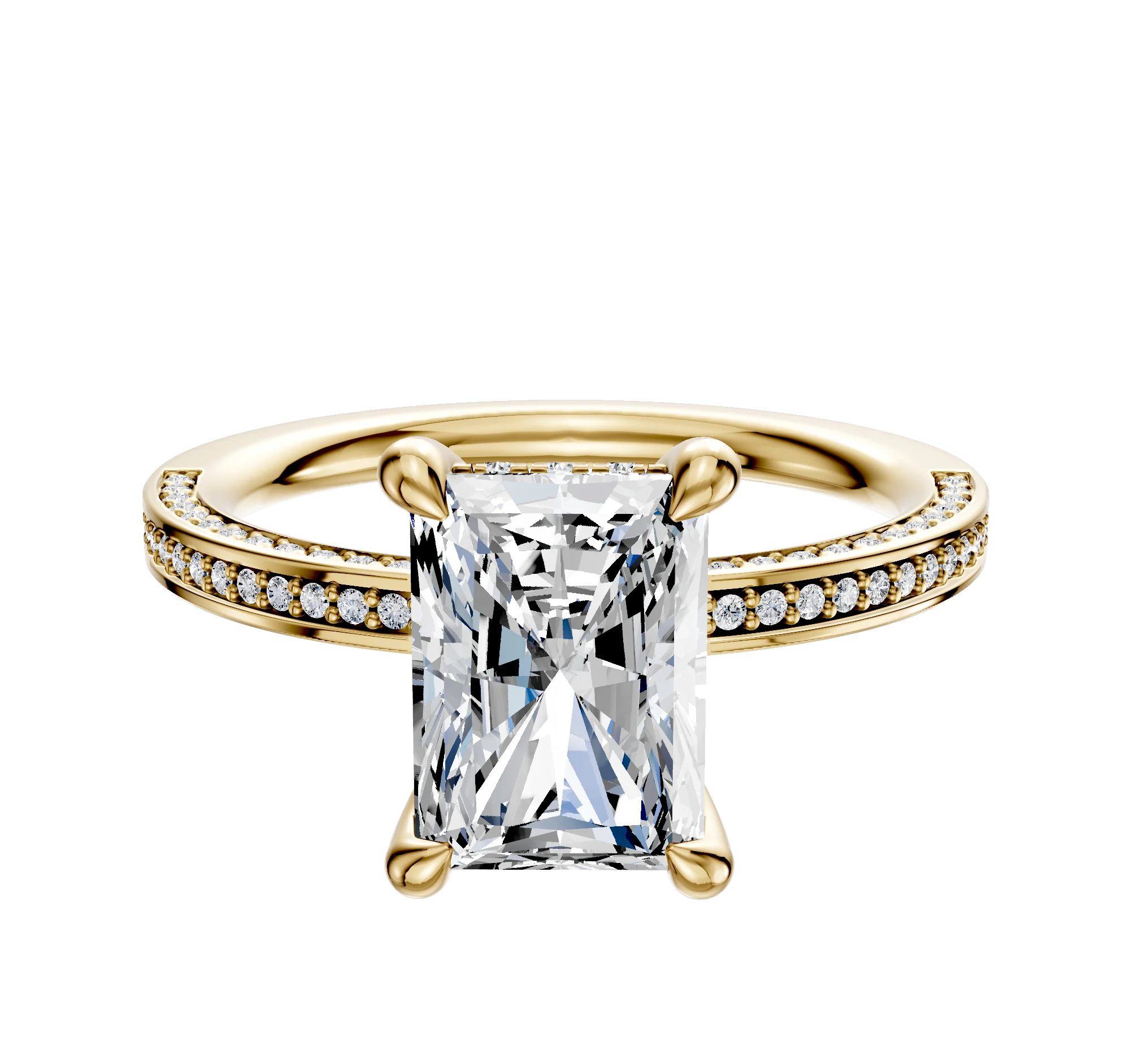 18K Yellow Gold 4 Prong Hidden Halo Classic Flat 3-Row-Pave 2.0mm Engagement Ring
