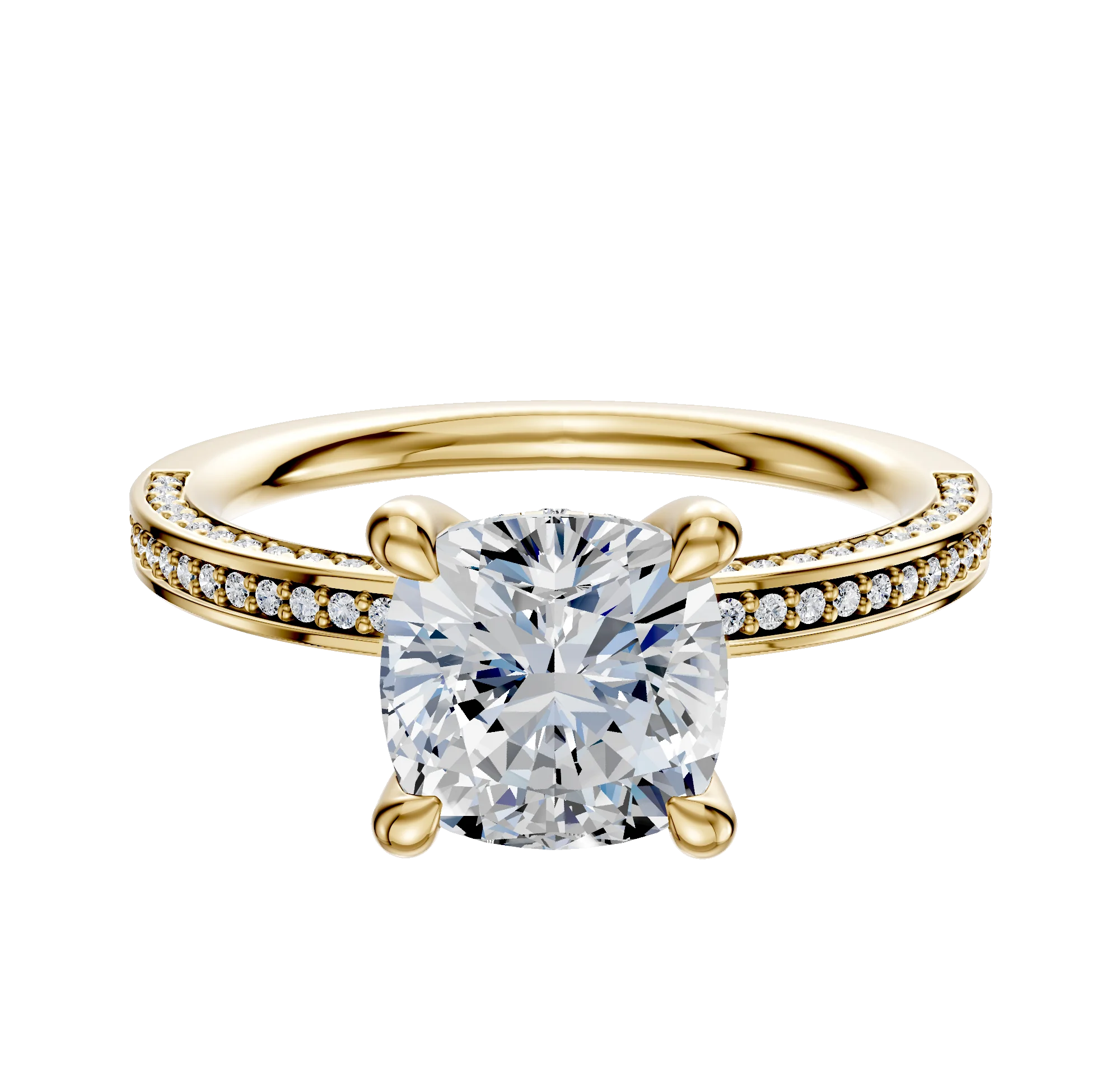 18K Yellow Gold 4 Prong Hidden Halo Classic Flat 3-Row-Pave 2.0mm Engagement Ring