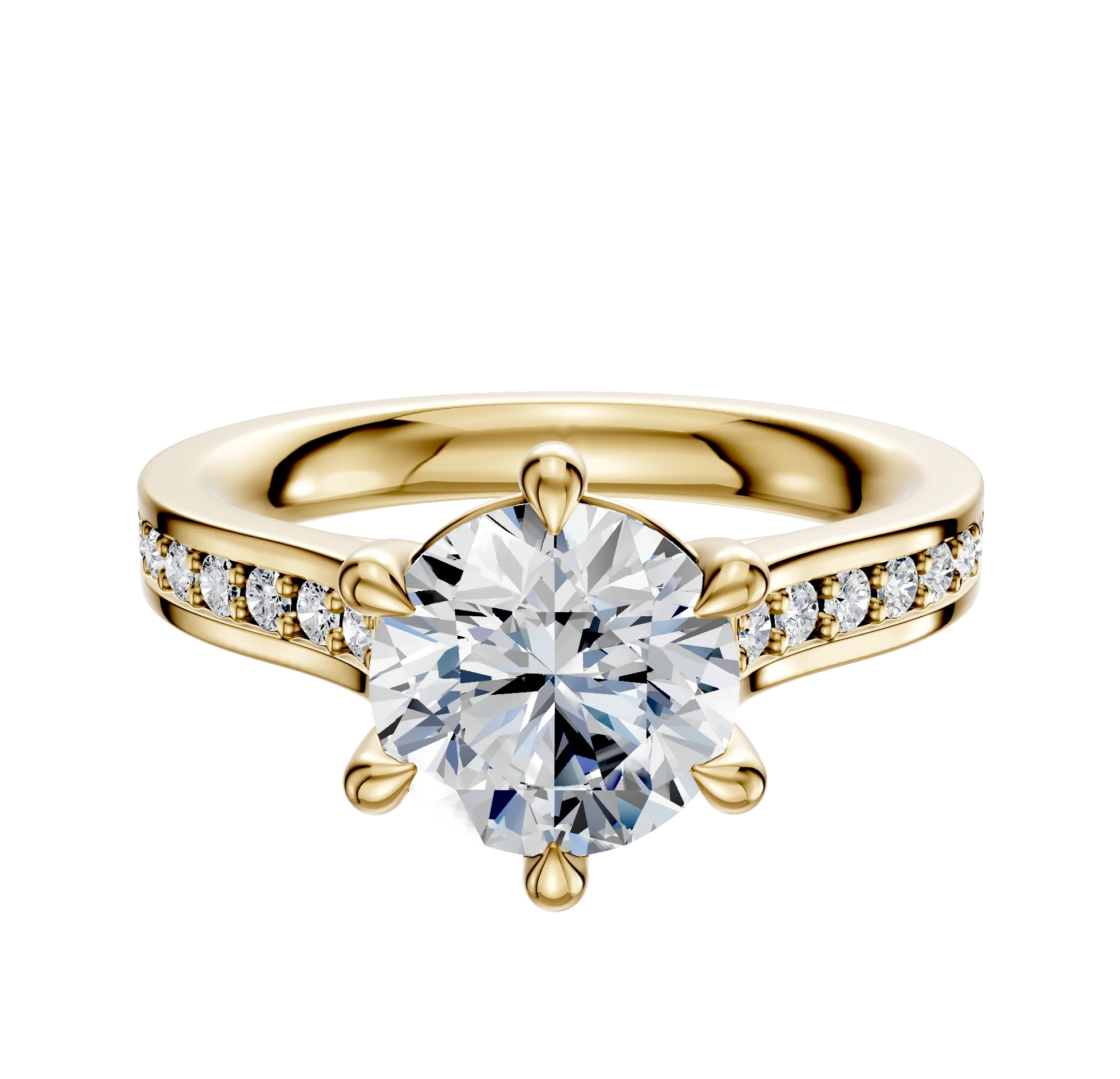 18K Yellow Gold 6 Prong Basket Cathedral Flat 1-Row-Pave 2.5mm Engagement Ring