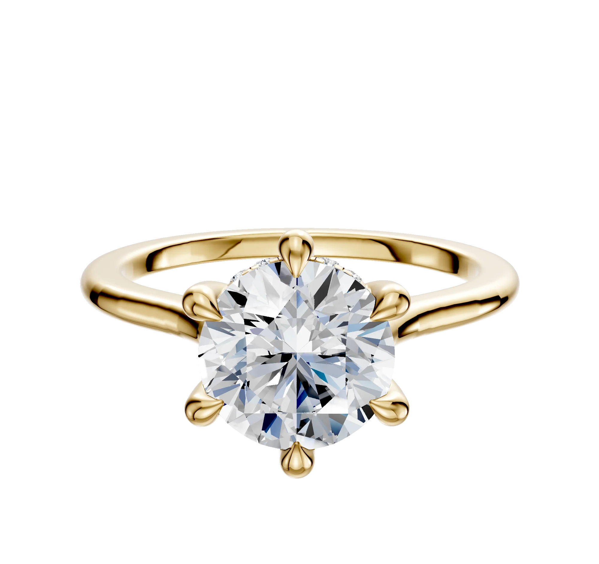 18K Yellow Gold 6 Prong Hidden Halo Cathedral Dome 1.5mm Engagement Ring
