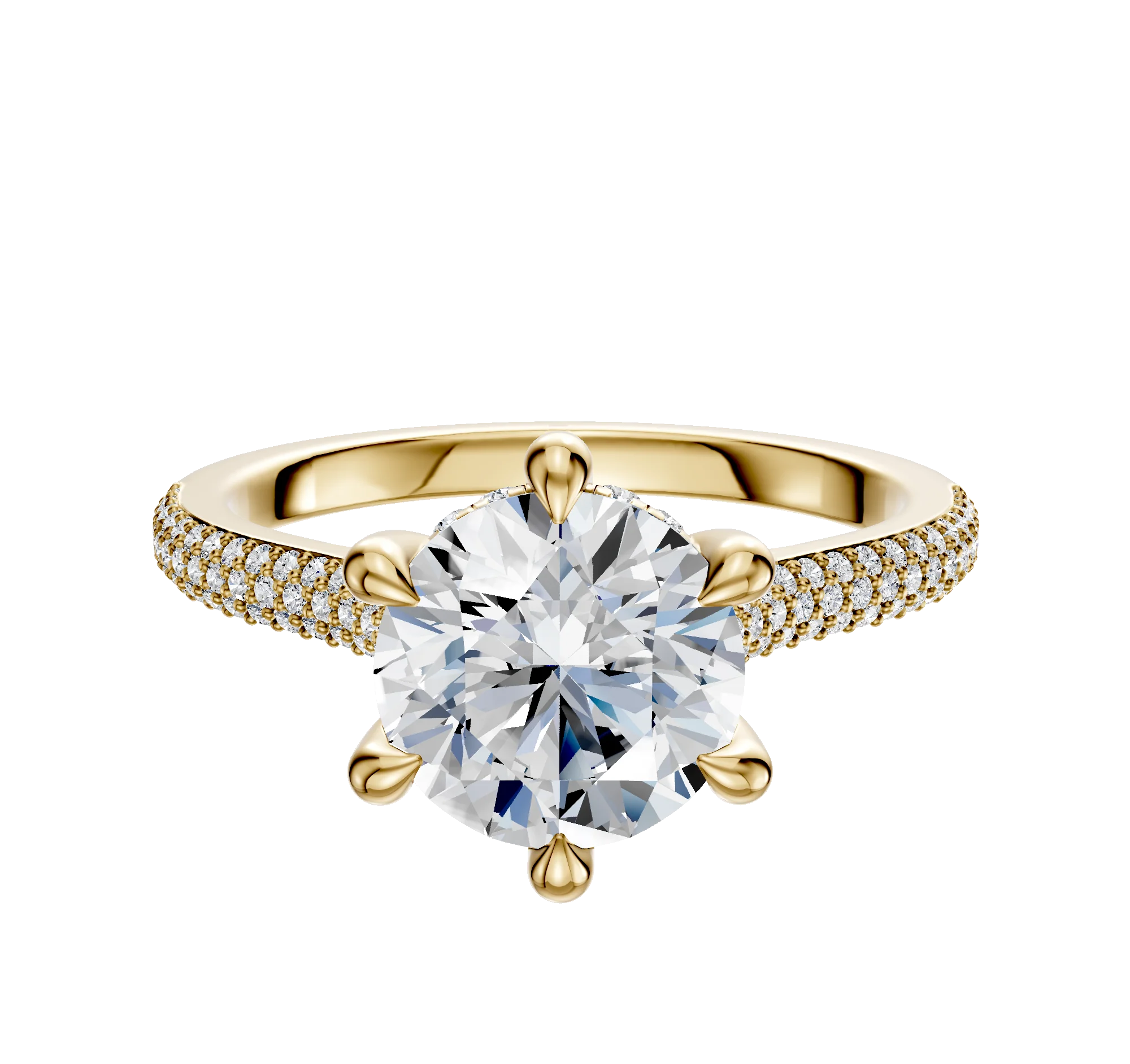 18K Yellow Gold 6 Prong Hidden Halo Cathedral Dome 3-Row-Pave 2.0mm Engagement Ring