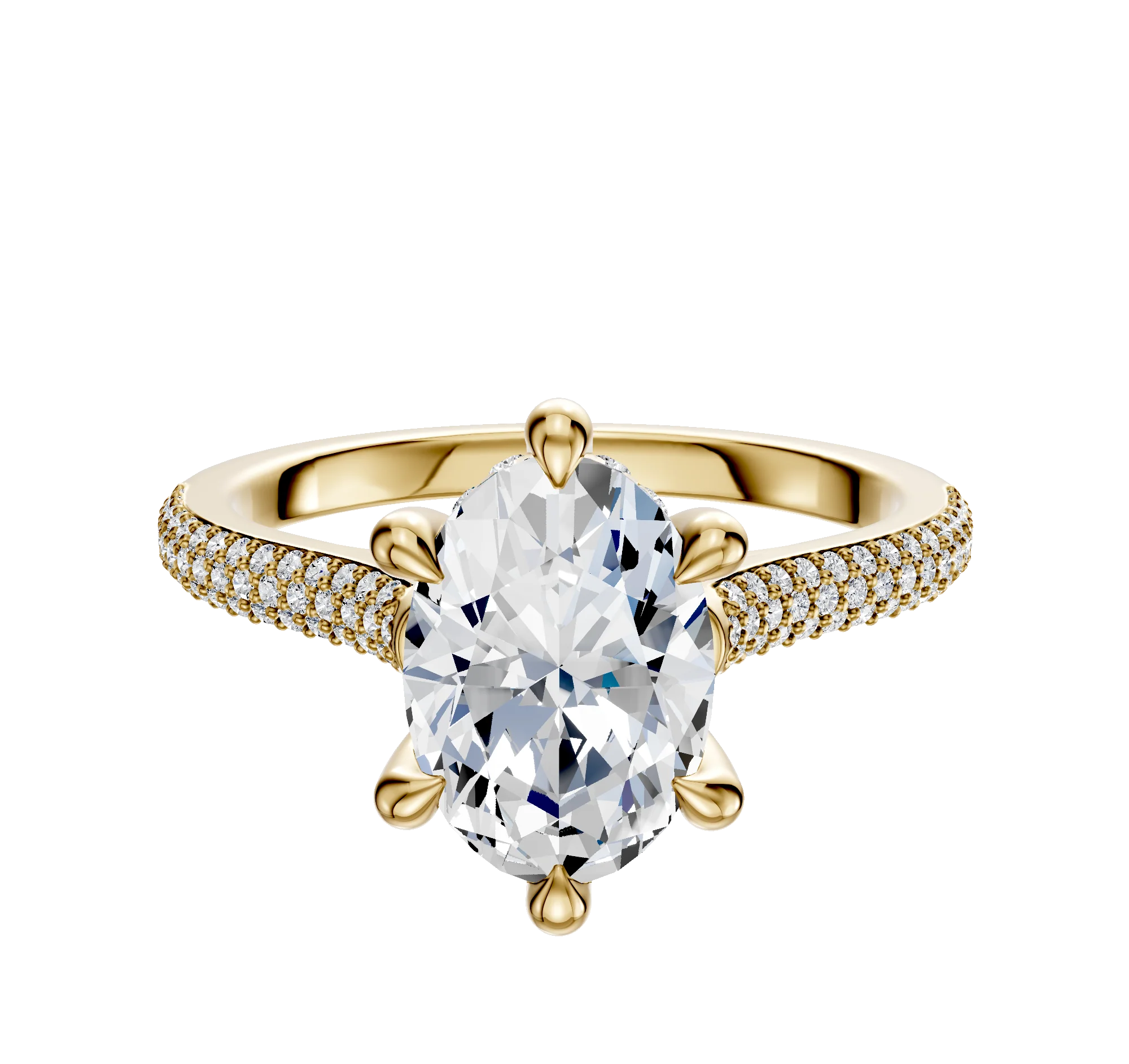 18K Yellow Gold 6 Prong Hidden Halo Cathedral Dome 3-Row-Pave 2.0mm Engagement Ring