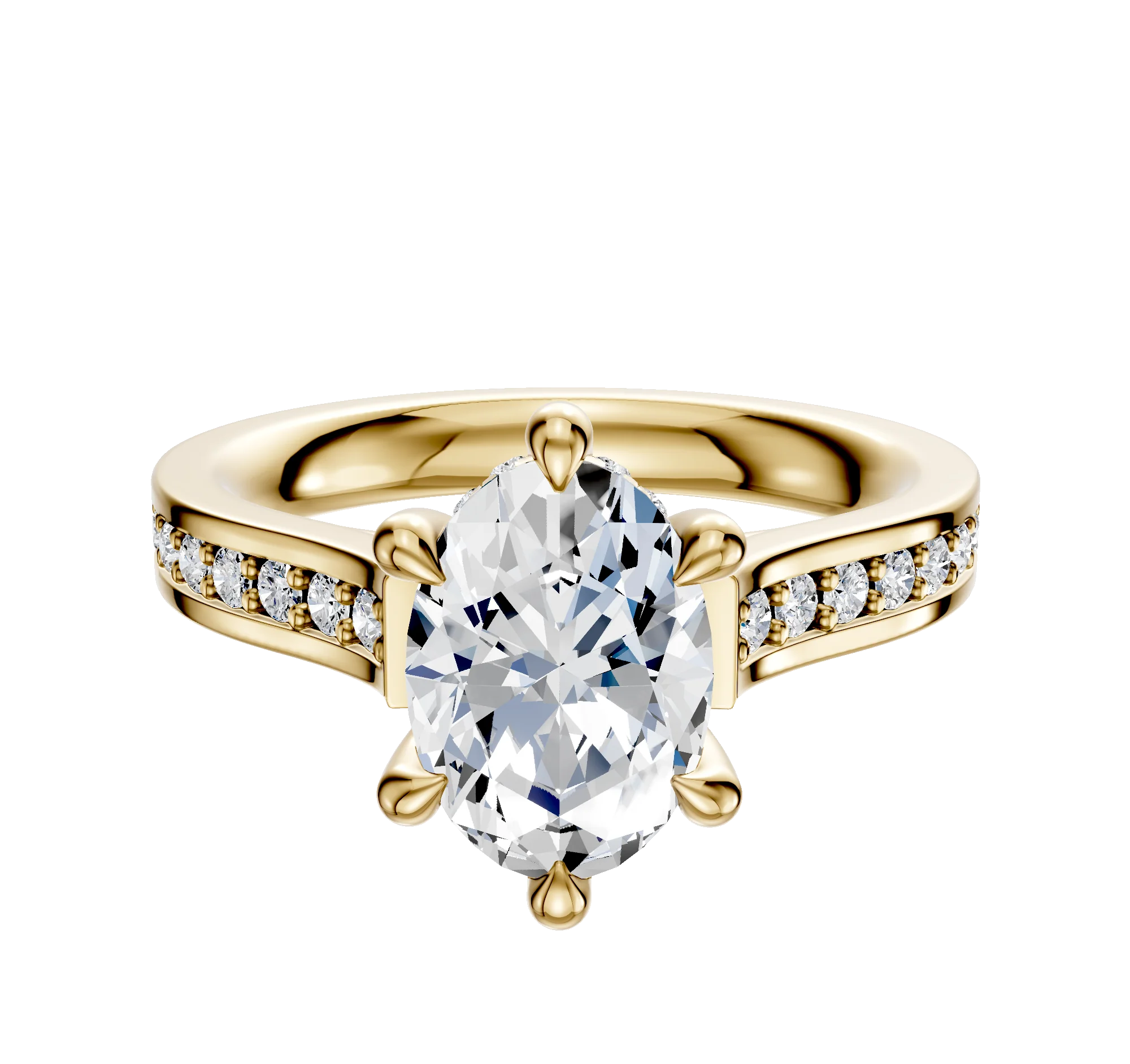 18K Yellow Gold 6 Prong Hidden Halo Cathedral Flat 1-Row-Pave 2.5mm Engagement Ring