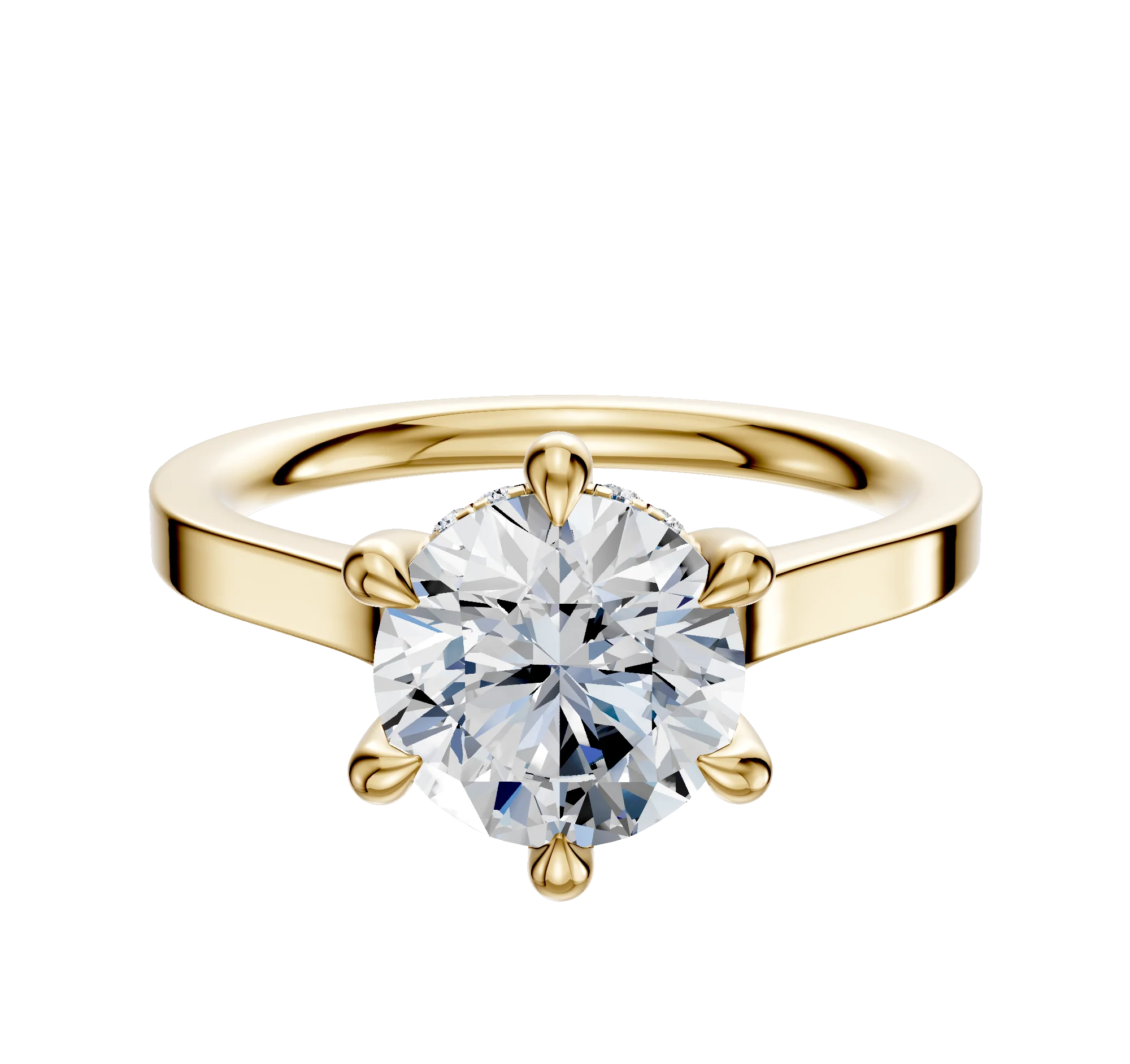 18K Yellow Gold 6 Prong Hidden Halo Cathedral Flat 2.0mm Engagement Ring