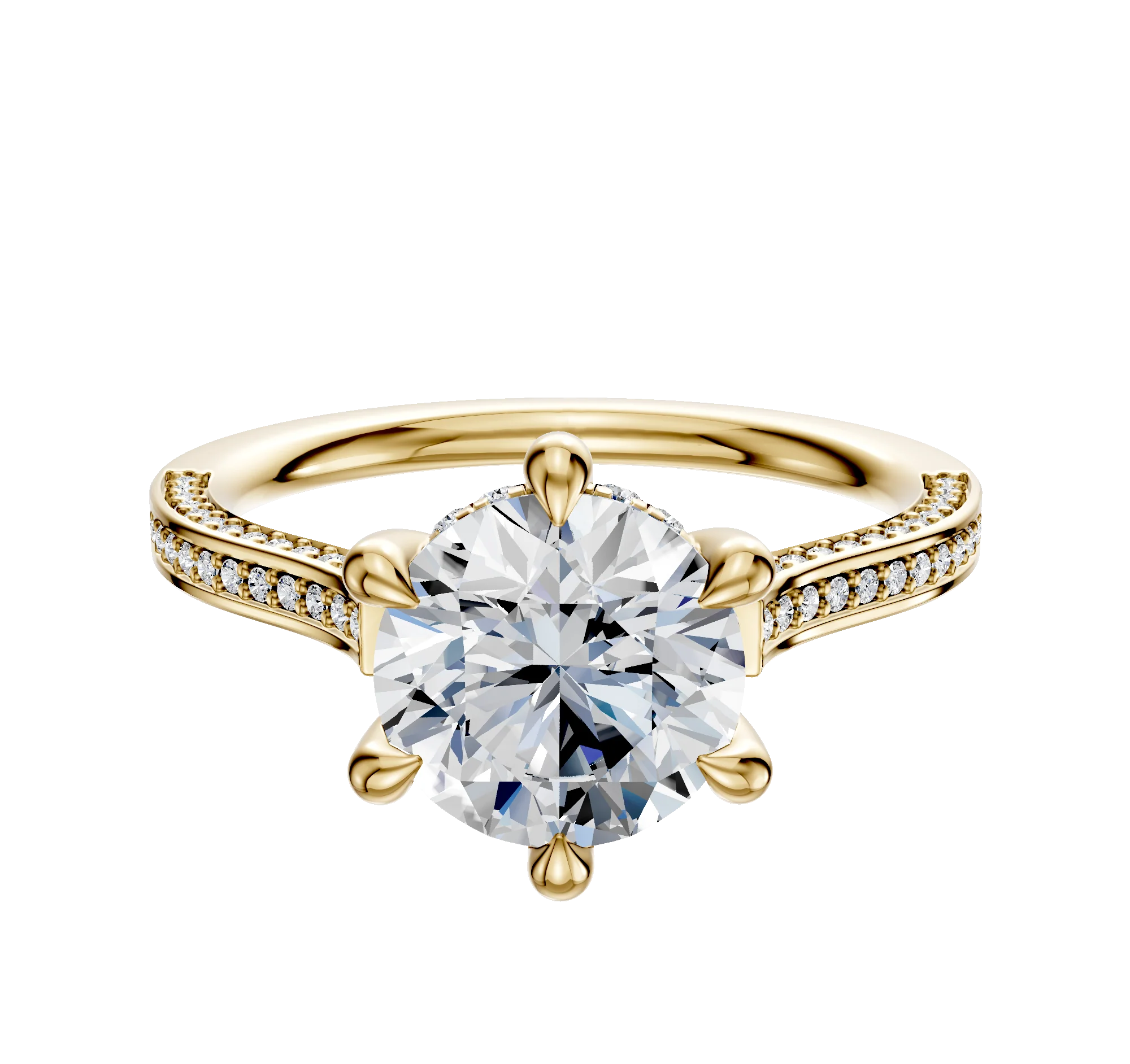 18K Yellow Gold 6 Prong Hidden Halo Cathedral Flat 3-Row-Pave 2.0mm Engagement Ring