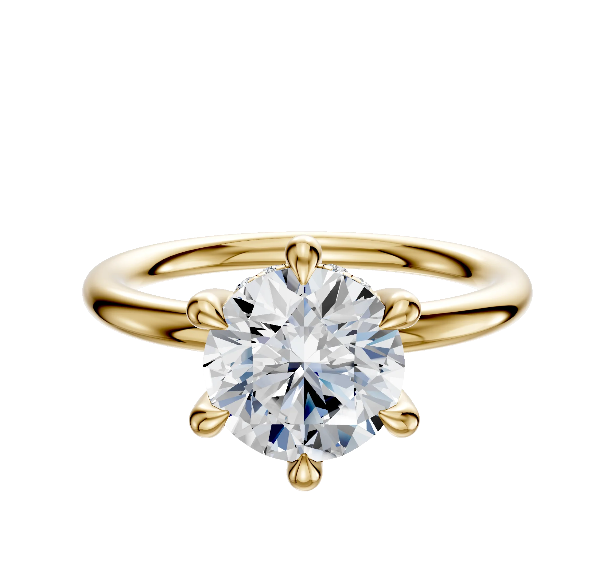 18K Yellow Gold 6 Prong Hidden Halo Classic Dome 2.0mm Engagement Ring