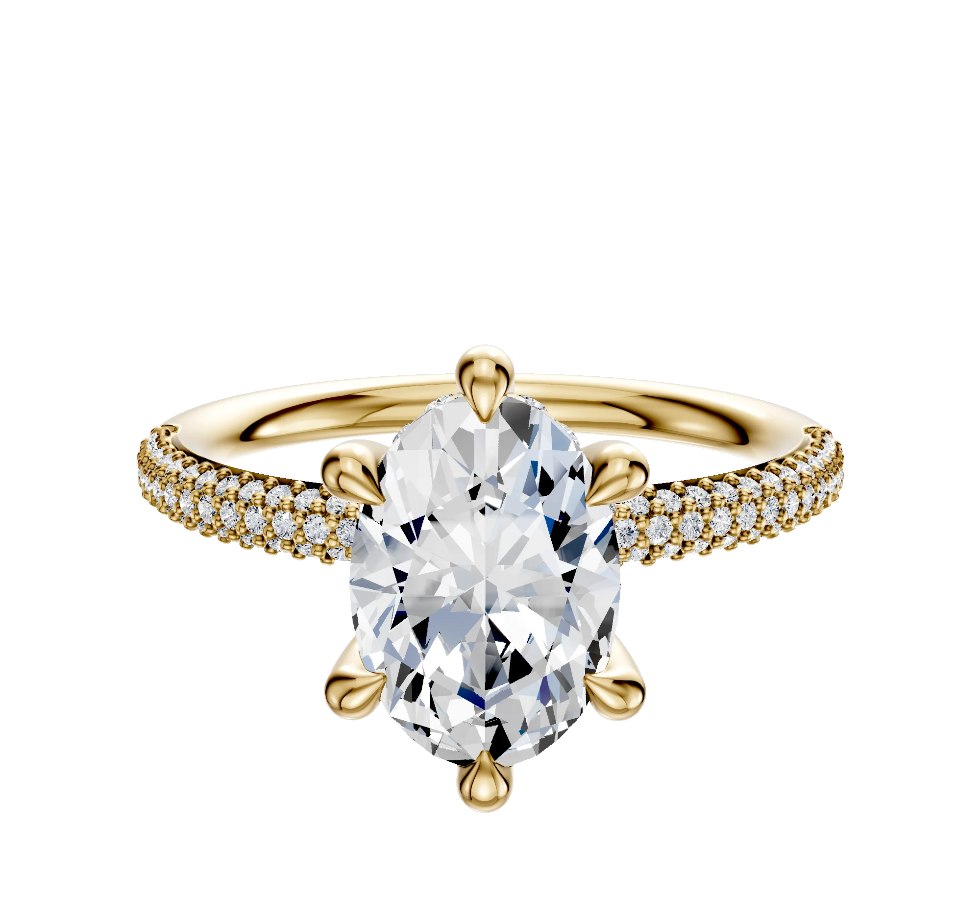 18K Yellow Gold 6 Prong Hidden Halo Classic Dome 3-Row-Pave 2.0mm Engagement Ring