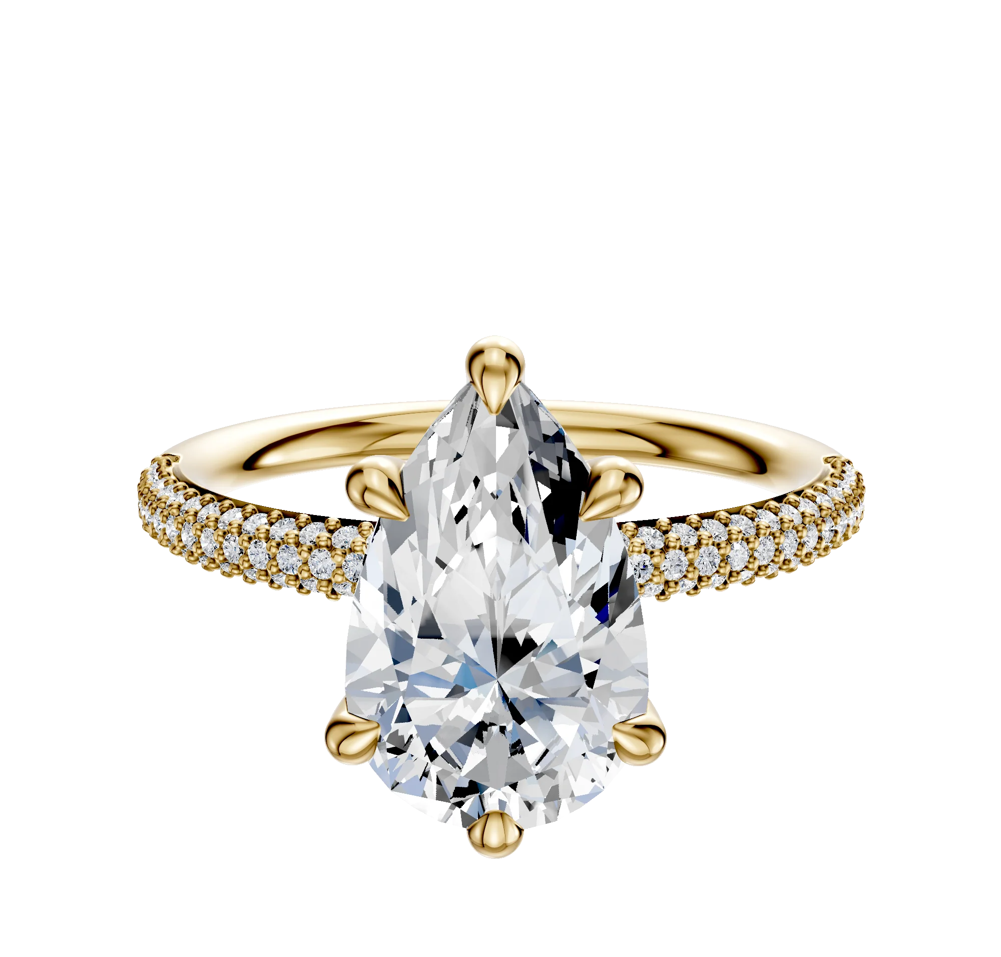 18K Yellow Gold 6 Prong Hidden Halo Classic Dome 3-Row-Pave 2.0mm Engagement Ring
