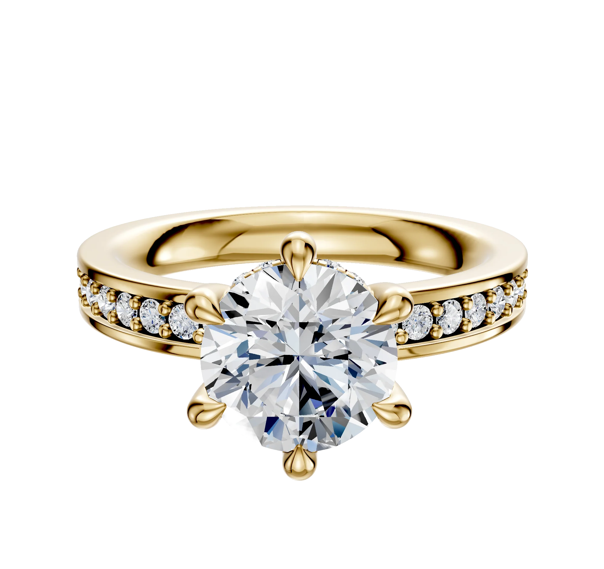 18K Yellow Gold 6 Prong Hidden Halo Classic Flat 1-Row-Pave 2.5mm Engagement Ring