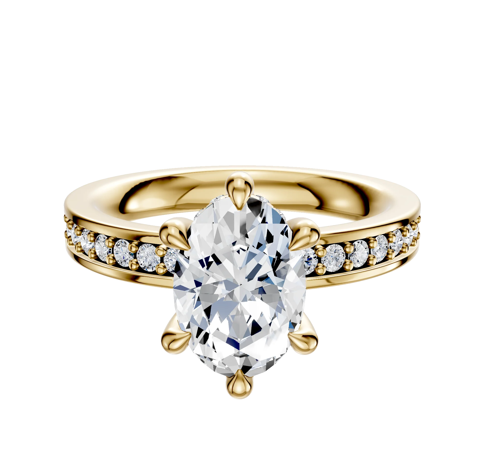 18K Yellow Gold 6 Prong Hidden Halo Classic Flat 1-Row-Pave 2.5mm Engagement Ring