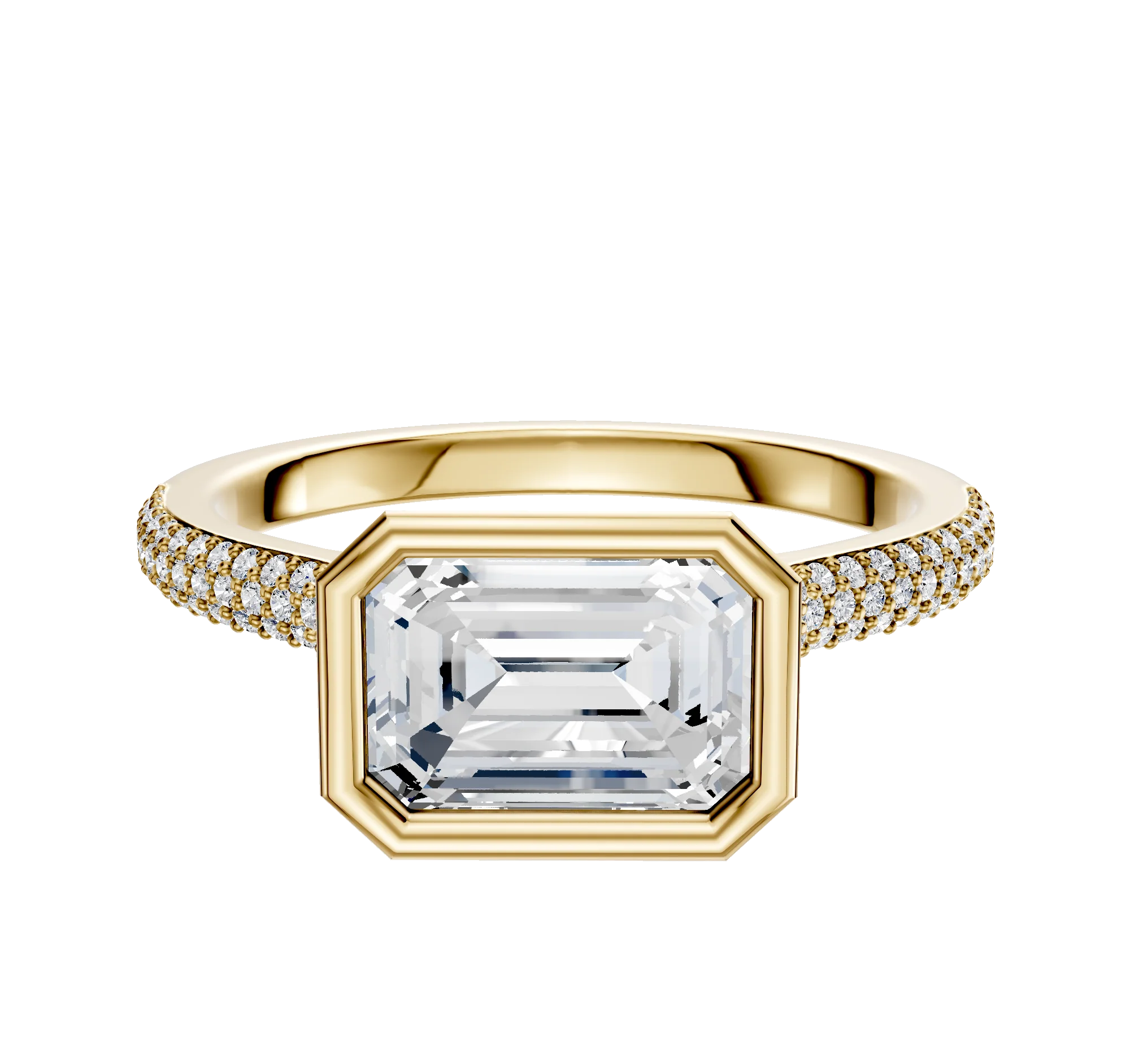 18K Yellow Gold Bezel Full Bezel East/West Cathedral Dome 3-Row-Pave 2.0mm Engagement Ring
