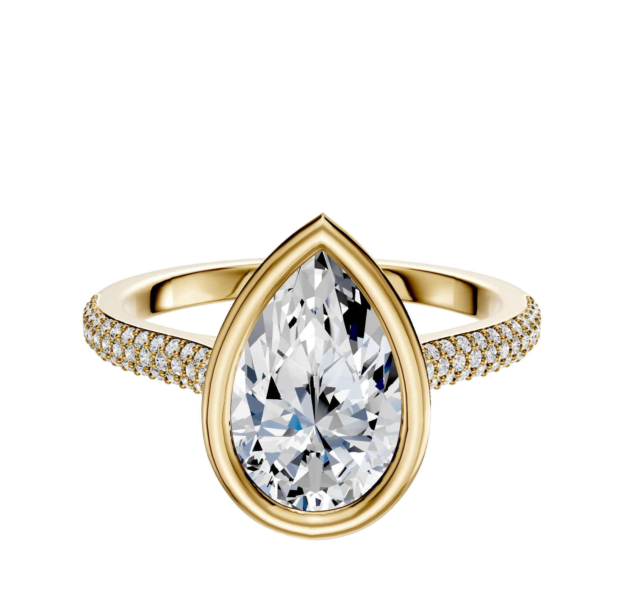 18K Yellow Gold Bezel Full Bezel East/West Cathedral Dome 3-Row-Pave 2.0mm Engagement Ring