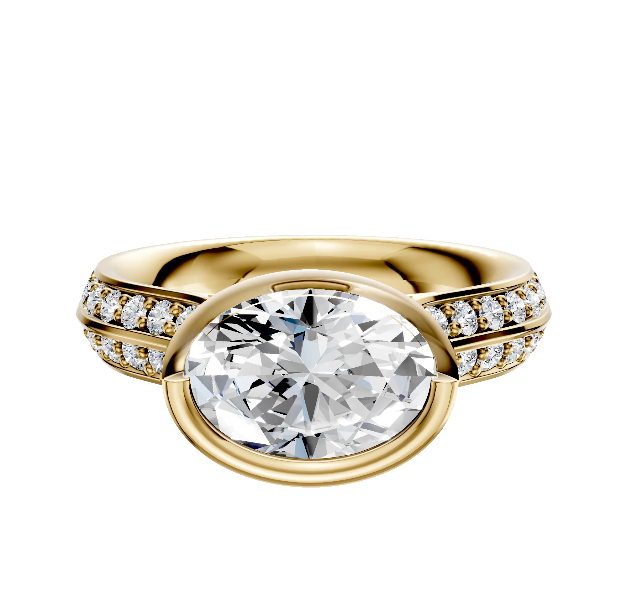 18K Yellow Gold Bezel Full Bezel East/West Cathedral Knife Edge 1-Row-Pave 2.5mm Engagement Ring