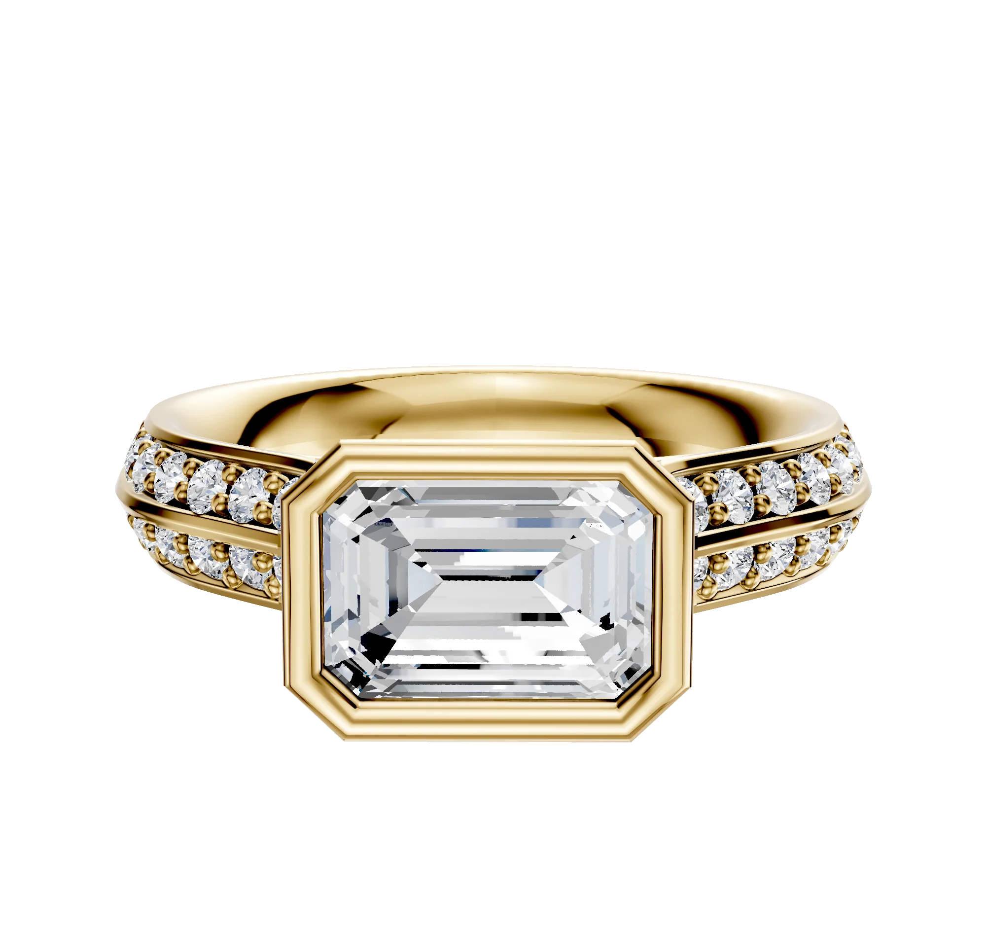 18K Yellow Gold Bezel Full Bezel East/West Cathedral Knife Edge 1-Row-Pave 2.5mm Engagement Ring